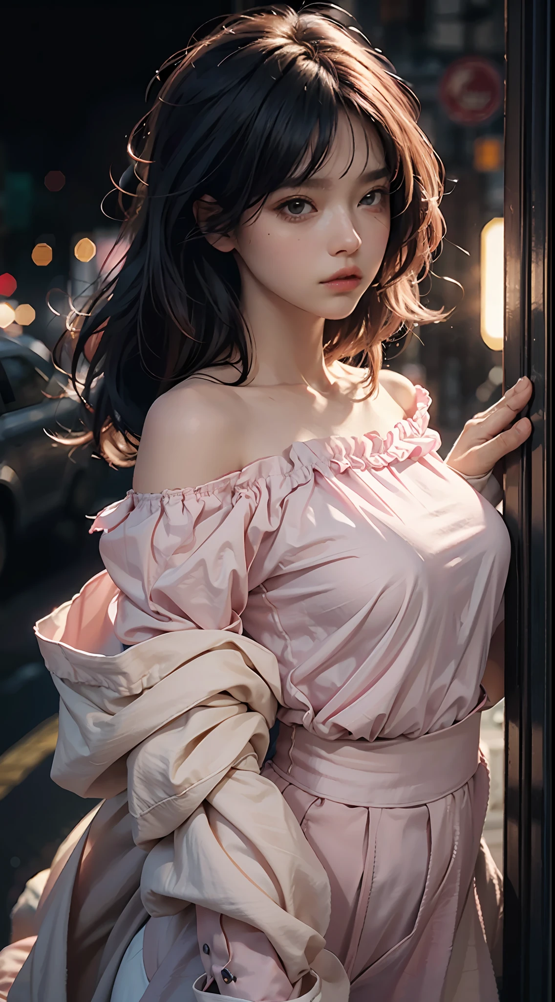 Best Quality, Masterpiece, Ultra High Resolution, Oversized Shirt, Chiffon, Shirt Only, (Realisticity: 1.4), Original Photo, 1Girl, Pink Off-the-Shoulder, Cinematic Lighting