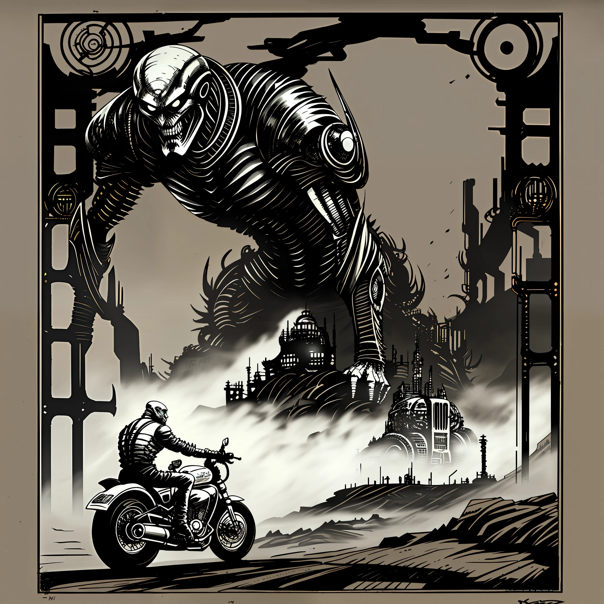 Hazy art, man driving a motorcycle all modified with a gas marker with interconnecting cables, dystopian landscape complex alien structures, black floor a lot of fog, (((drawing without colors)))