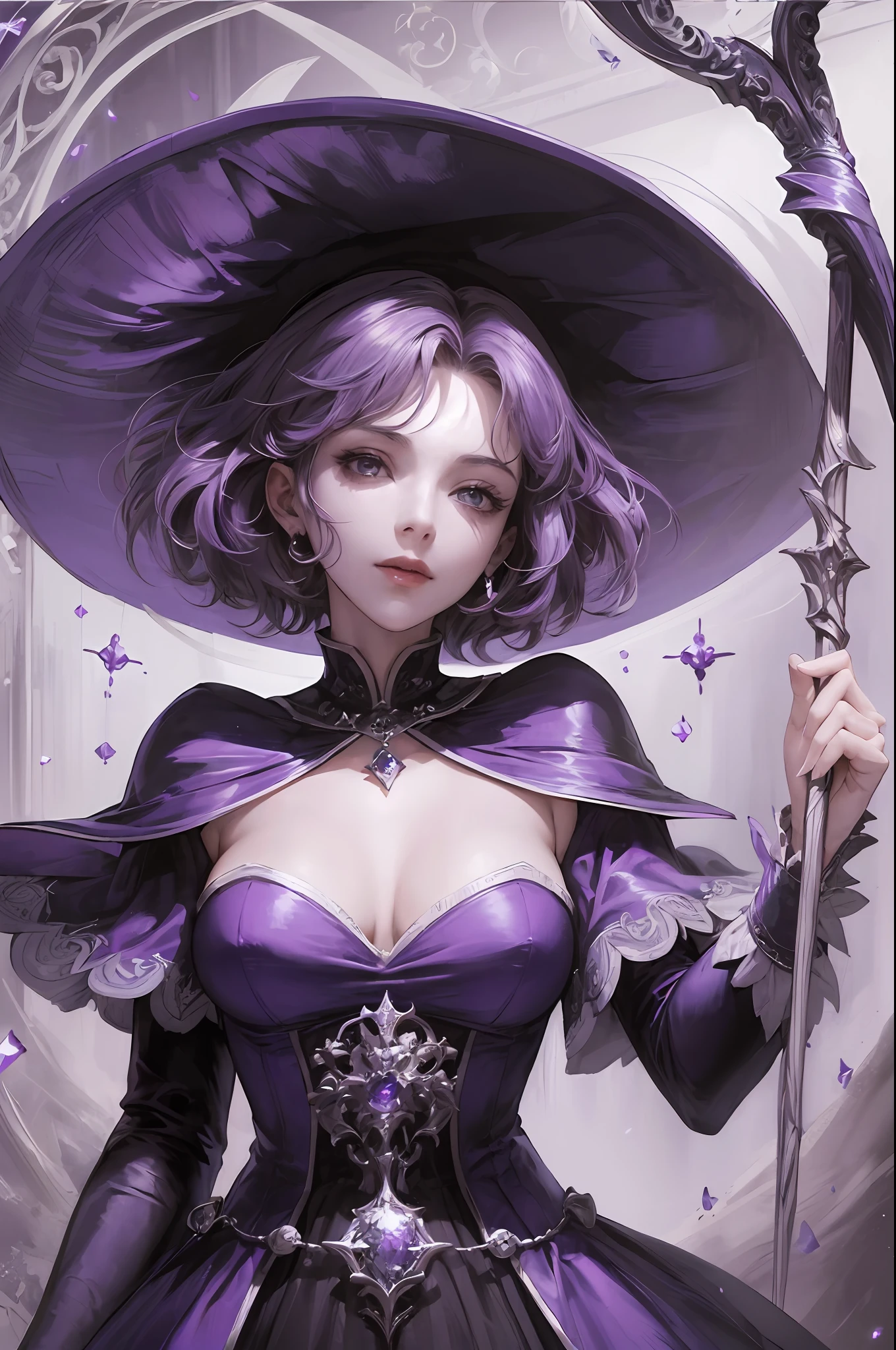 (masterpiece), best quality, stunningly beautiful, a powerful sorceress stands alone against the dark forces, her (short hair) framing a face of confidence and precision, a (witch hat) perched upon her head reminding all who oppose her of her never-ending power and wisdom, her (purple dress) flowing in the wind as she holds a majestic (wooden staff), a (monochromatic purple) coloring to enhance the magical aura of the scene. --auto --s2