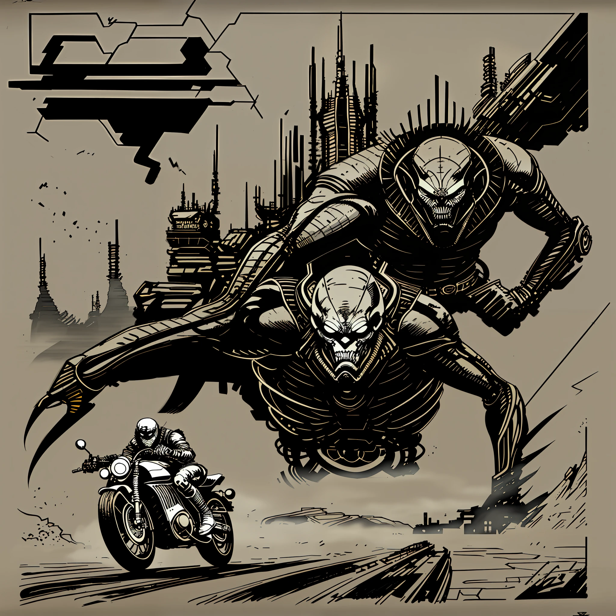 Hazy art, man driving a motorcycle all modified with a gas marker with interconnecting cables, dystopian landscape complex alien structures, black floor a lot of fog, (((drawing without colors)))
