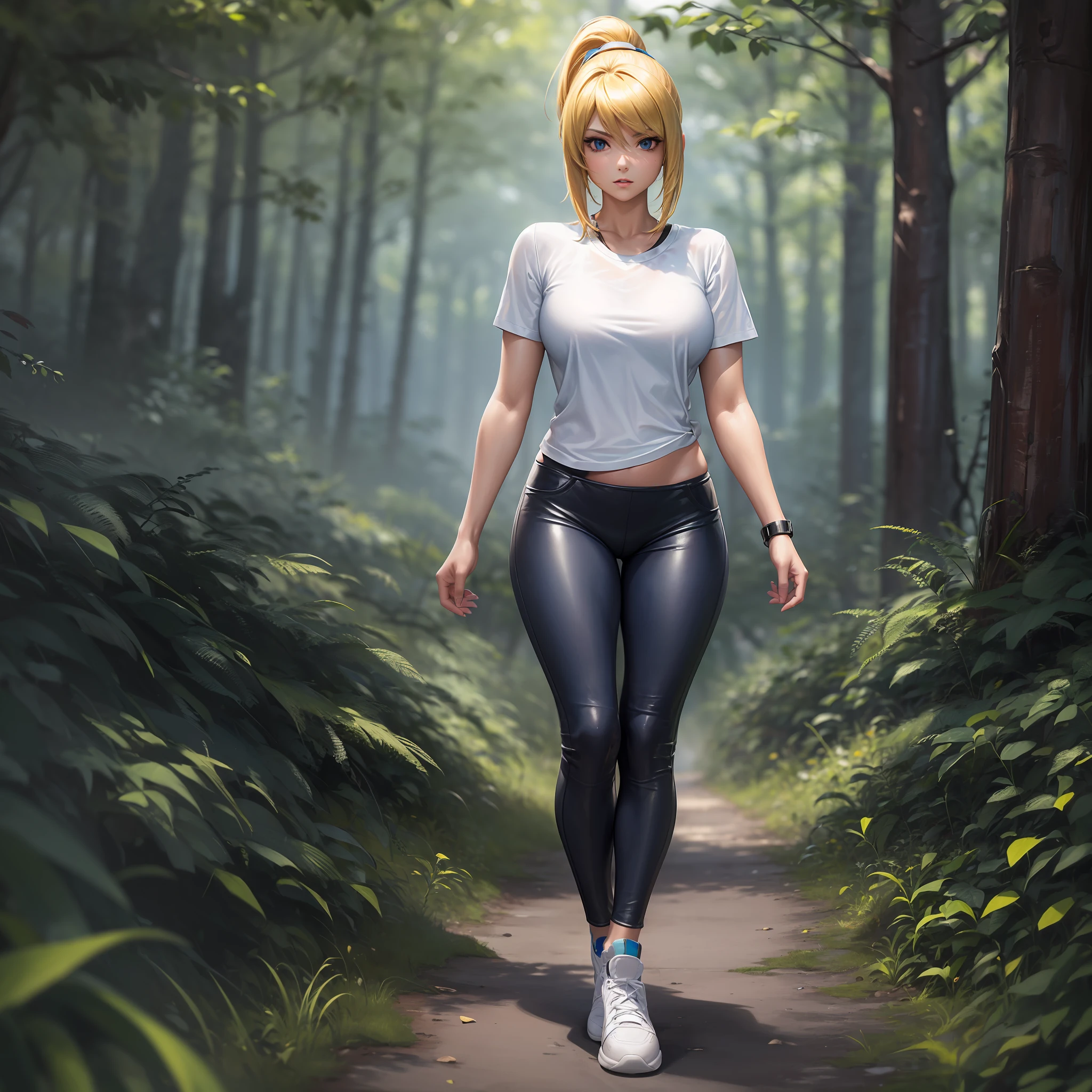 (masterpiece, best quality) 1.5, 1girl, solo, (sexy, beautiful woman, perfect face, perfect eyes) , samus aran, leather legging pants, tired, white t-shirt with neckline, white sneakers, walking in the forest, (blue eyes, blonde hair, ponytail) --auto --s2