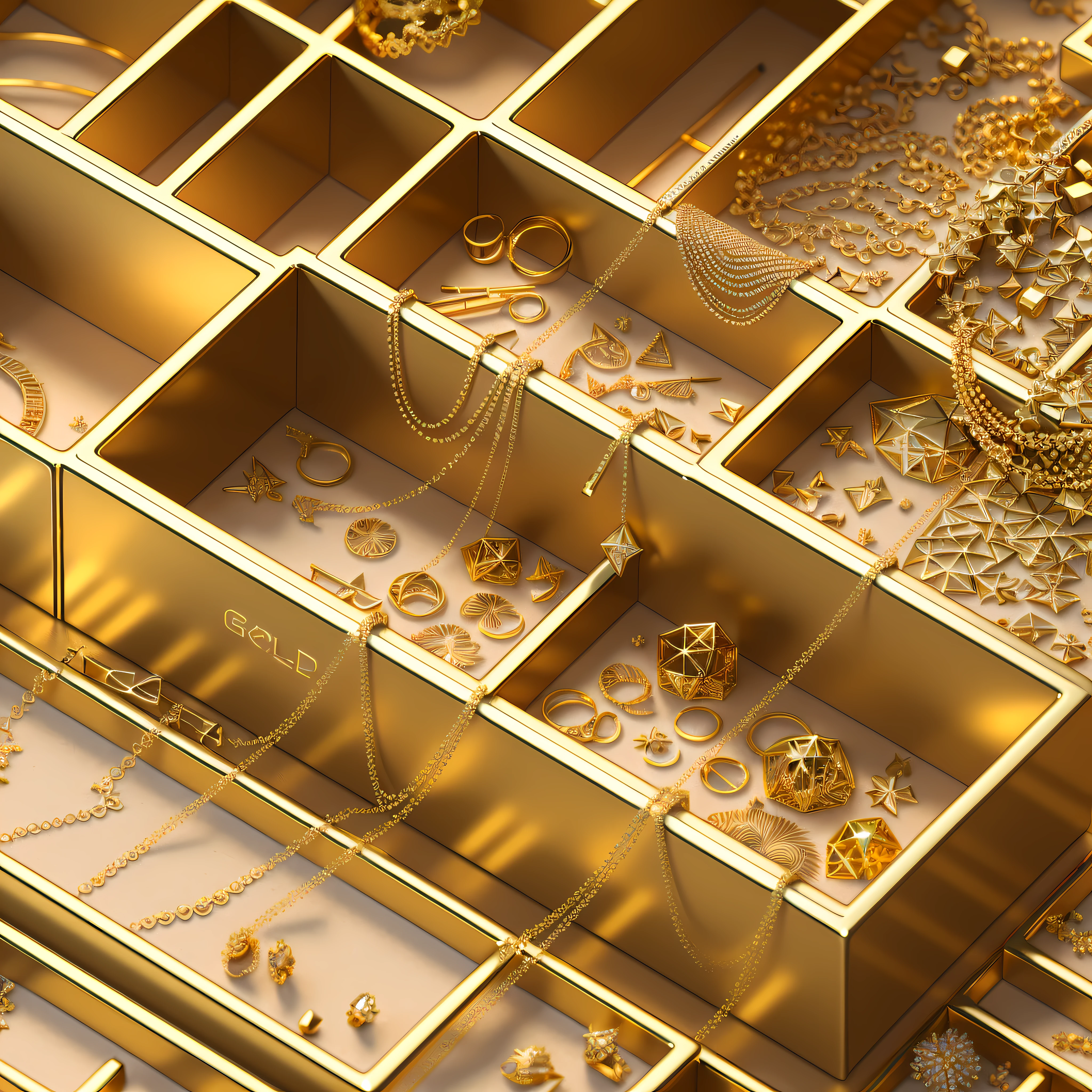 gold jewelry. (very detailed CG 8K wallpaper unit), better quality, (best illustrations), (best shadows), studio theme, as well as (natural elements), minimalist boxes, (brightness), (particle effects). 3D isometric, Octane rendering, ray tracing, ultra-detailed