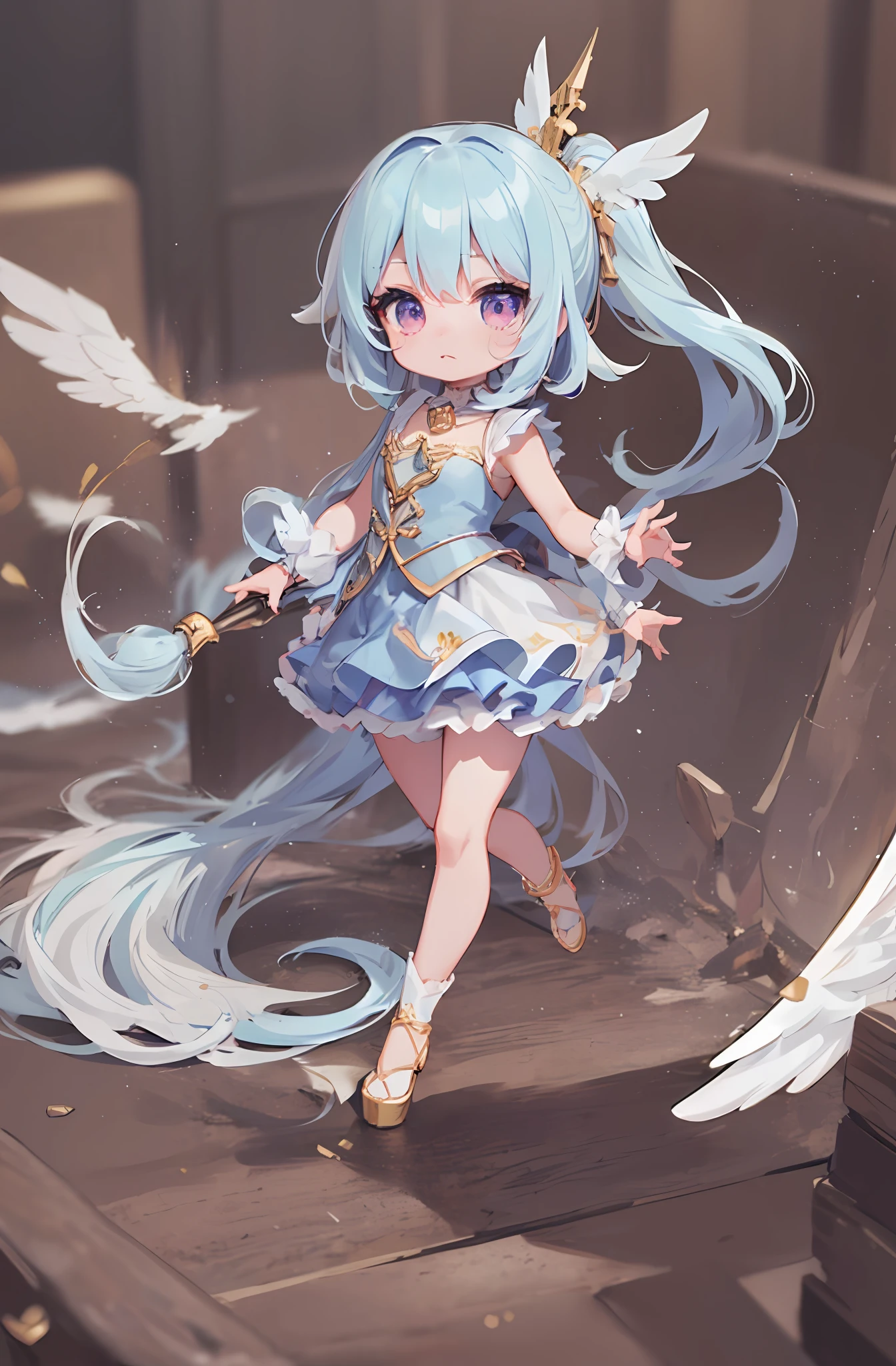 (Chibi: 1.2), (Masterpiece: 1.4), (Best Quality: 1.4), (Very cute angel girl, super detailed face, jewel-like eyes, white very long hair, colorful gradient hair: 1.4), (Angel Ring:
1.4), (Angel Wings: 1.4), (Full body, 2 perfect arms, 2 perfect legs: 1.4), light, glow, mini characters, advanced digital chibi art, cute 3D rendering, anime style,