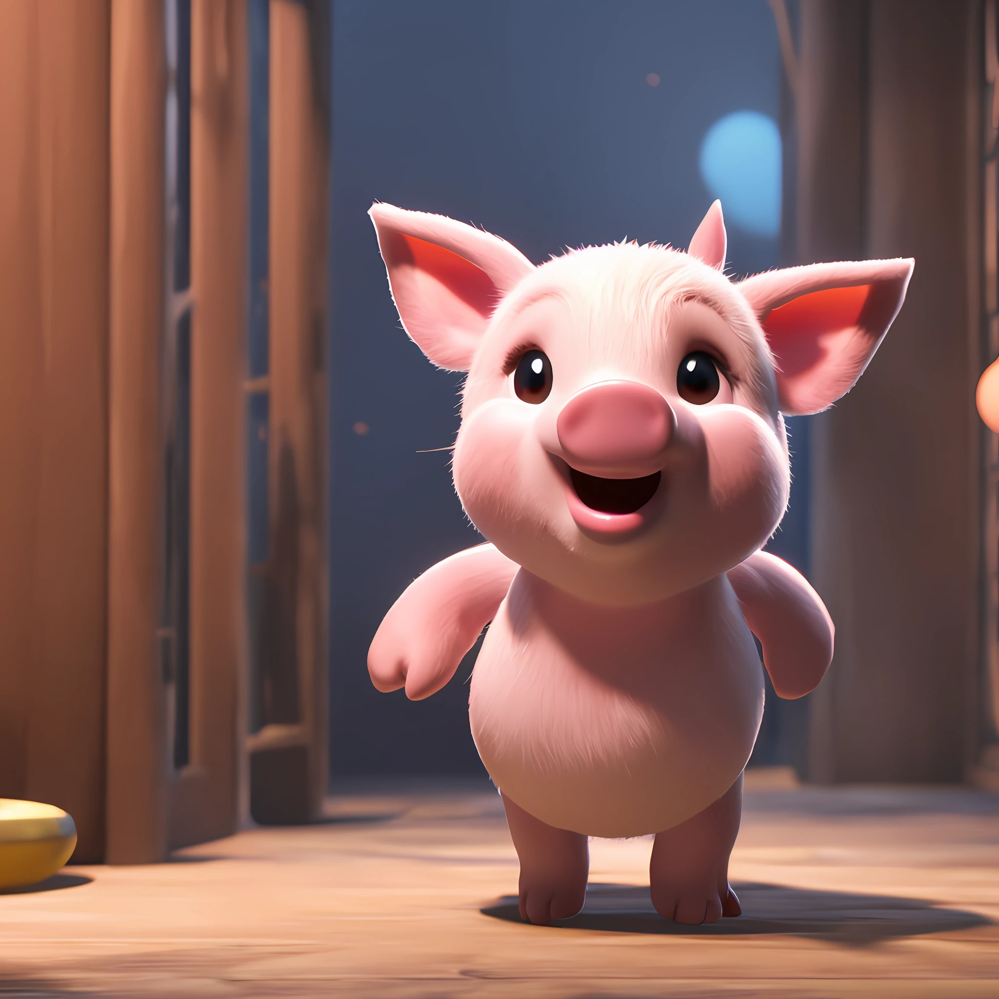 Cute cute piglet waving and smiling greeting me, Unreal Engine, cozy interior lighting, art station, detailed digital painting, film, character design by Mark Redden and Pixar and Hayao Miyazaki, Unreal 5, daz, surrealism, octane rendering, 3DMDT1