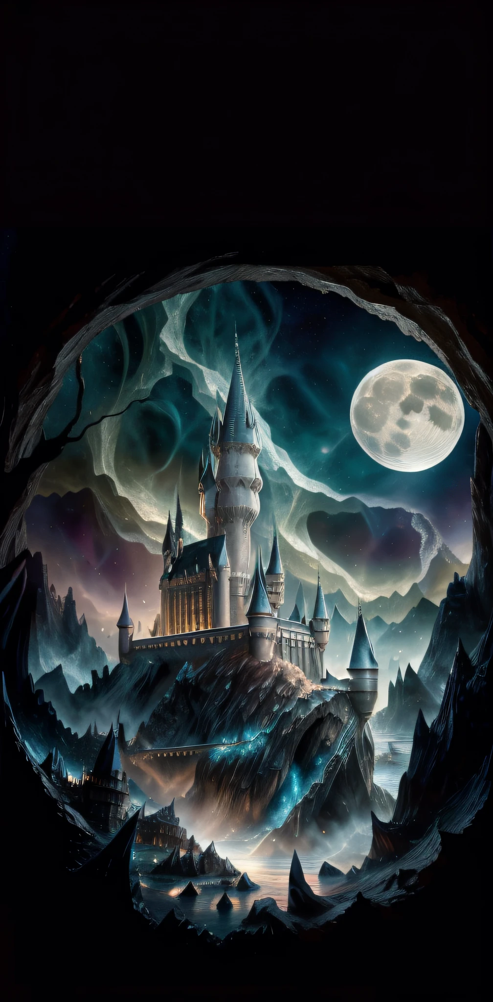 A masterpiece, a castle poster with a full moon in the background, viewed from a cave, with a solid black background above and below. Close shots with lakes, reflections, detailed paintings inspired by gaston bussiere, shutterstock, fantasy art, magic light and shadows, beams of artifacts. Enchanted castles, enchanted backgrounds, Harry Potter art, highly detailed magical fantasy, scary castles)). mystical, background hogwarts, hogwarts setting, magic castle school on the hill, fairytale painting, magical composition, night scene