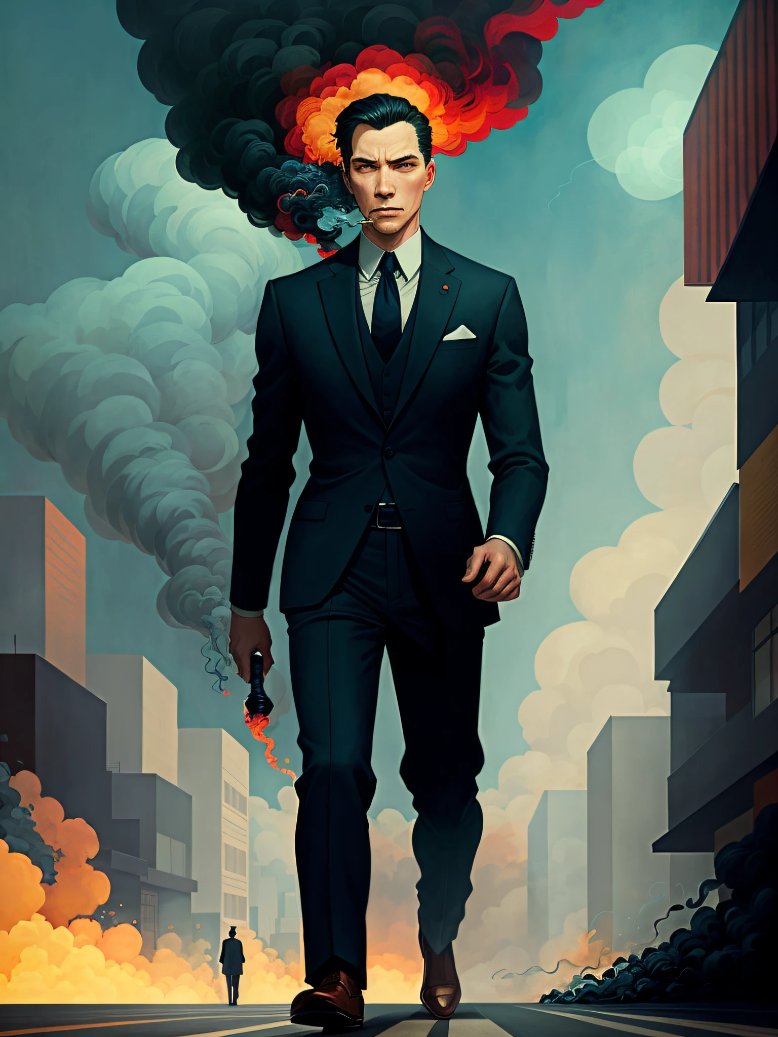 a man in a suit is walking down the street with smoke coming out of his mouth by Victo Ngai