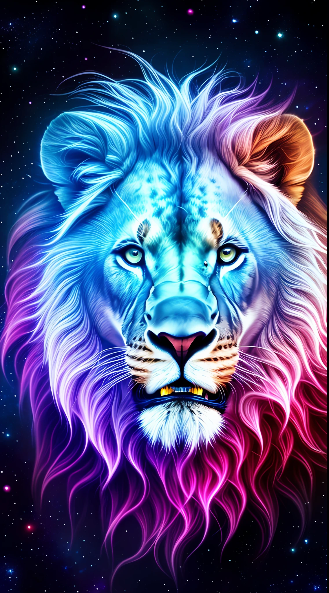 Photograph taken from afar of a lion, evil face, with background nebula ((best anatomy)) hyperrealism, realism, proportional, total quality, stylized