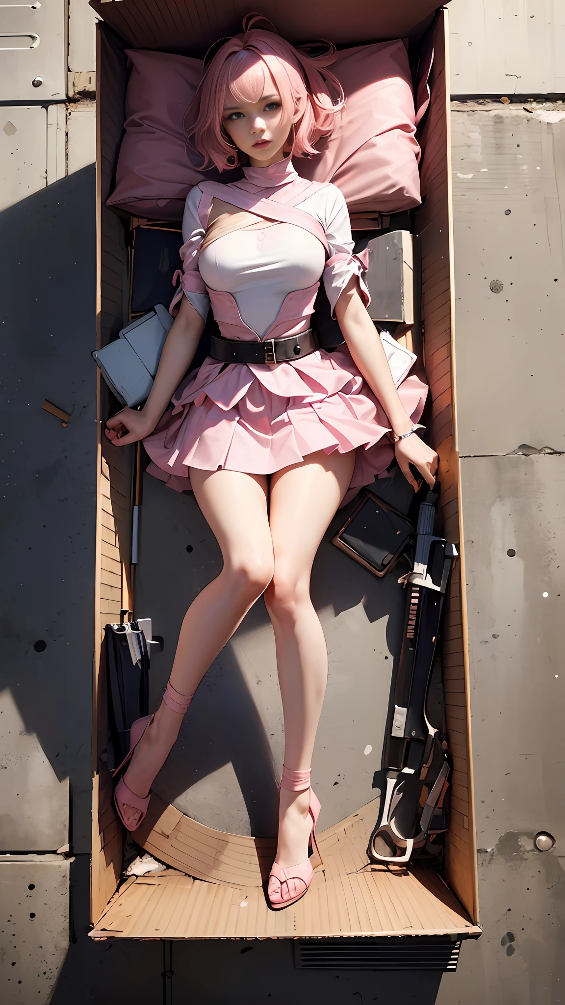 (A girl with short pink hair pink miniskirt curled up in the box: 1.5), (top view: 1.3), full body, long legs, double ponytail, long hair, knees up, legs bent, (masterpiece), (best quality), realistic, cinematic light, cool pose, perfect figure, high heels, pink longsword in hand,