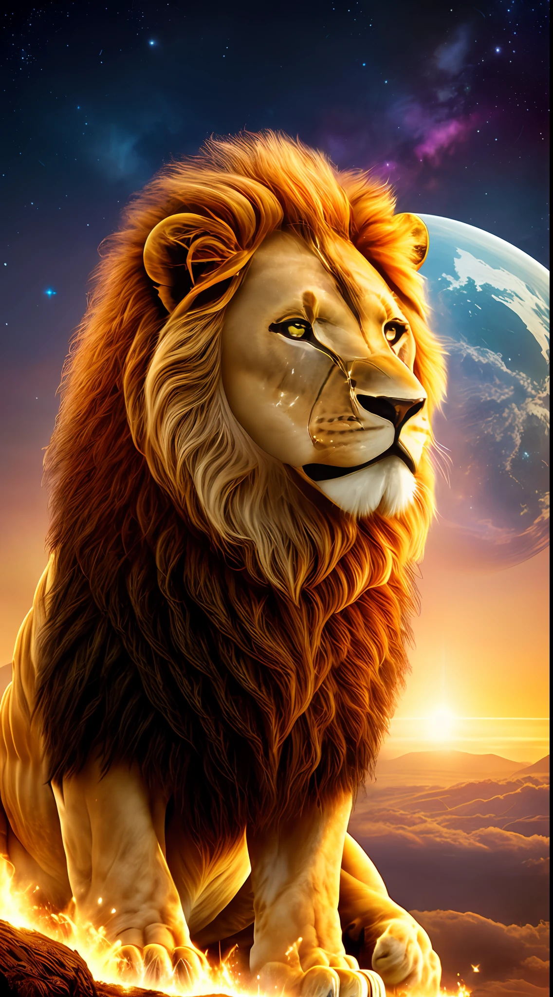 Photograph taken from afar of a humanoid lion in full king's outfit sitting on the throne, with background nebula ((best anatomy)) hyperrealism, realism, proportional, total quality, stylized