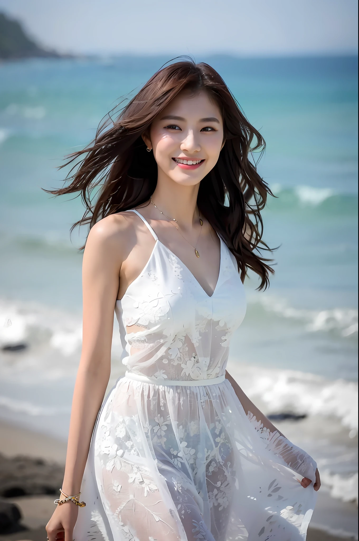 (Masterpiece), (Best Quality), (detailed), 1 girl, 22 years old, playful expression, big breasts, bare breasts, bikini, long hair, beautiful, natural, exposed, smiling, on the beach near the ocean, Jaeyeon Nam in a white dress walking, beautiful young Korean woman, graceful posture, sunshine breezing, free, a fashion model who is acclaimed in the Asian women's fashion industry, she walks lightly on the beach, The beautiful temperament of an Asian girl is vividly displayed, interpreting the charm and style of Asian women.