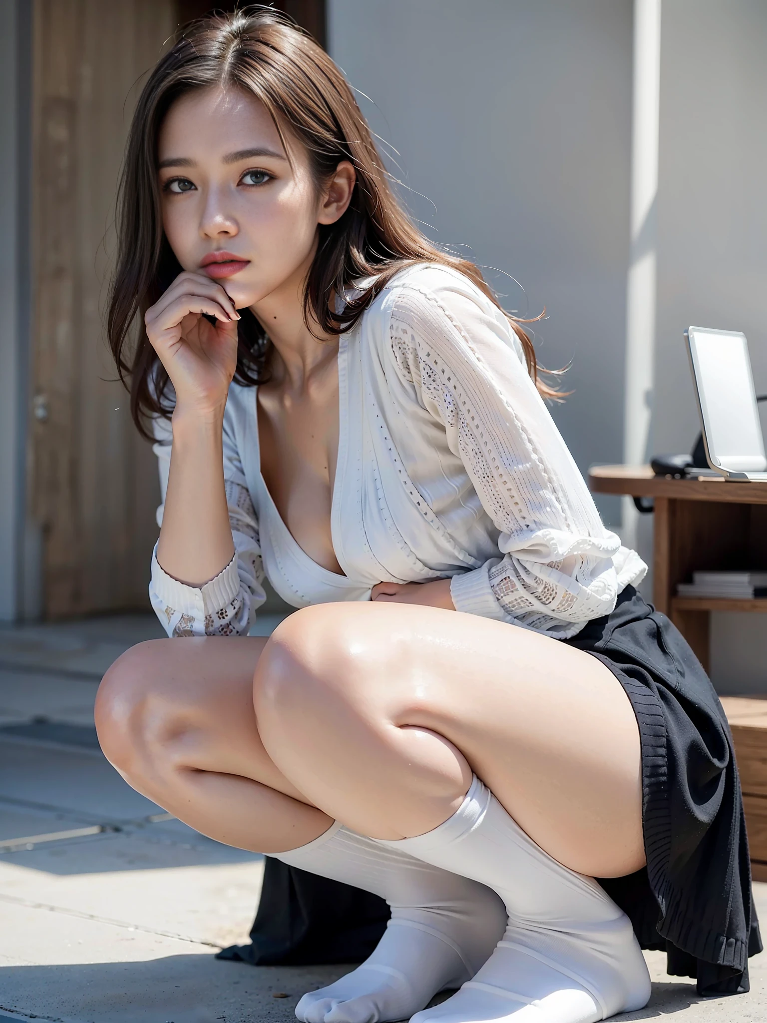 (Photoreal: 1.4), (Hyperrealistic: 1.4), (Realistic: 1.3), (Smooth Lighting: 1.05), (Improved Cinematic Lighting Quality: 0.9), 32K, 1 female, 24 year old female, Realistic lighting, Backlight, Face Lights, Ray Tracking, (Bright Light: 1.2), (Quality Improvement: 1.4), ( Top quality realistic textured skin: 1.4), fine detailed eyes, detailed face, fine quality eyes, dark brown eyes, (tired, sleepy and satisfied: 0.0), pale lighting, white background, white blouse, dark blue tight skirt, dark brown hair, squatting holding knees, white silk socks, pumps