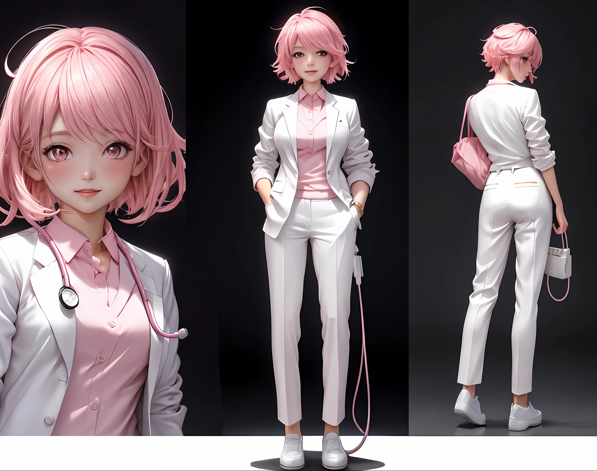 (the same character, front, side, back) official art, HD clear, fresh and delicate, girly image, doctor, (short hair, pink hair), (white suit, white trousers), various poses, innocent smile, lips parted, blind box, Full body, cute, generate front view, side view, rear view, 3 view (stethoscope around the neck) C4D,