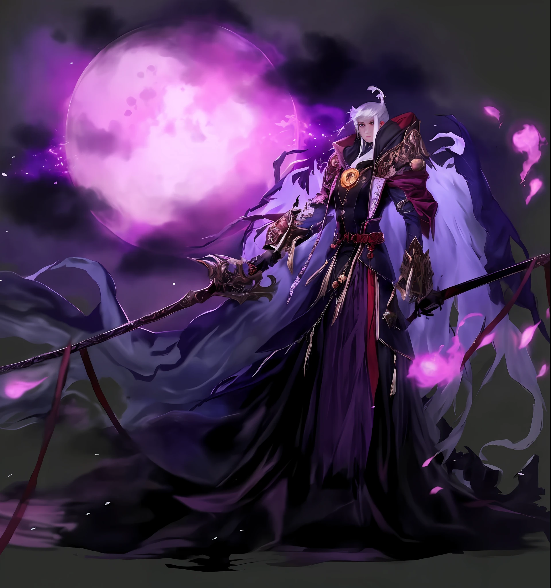 White-haired girl, black long dress, flat chest, fierce eyes, black clouds half-covering the purple moon --auto --s2