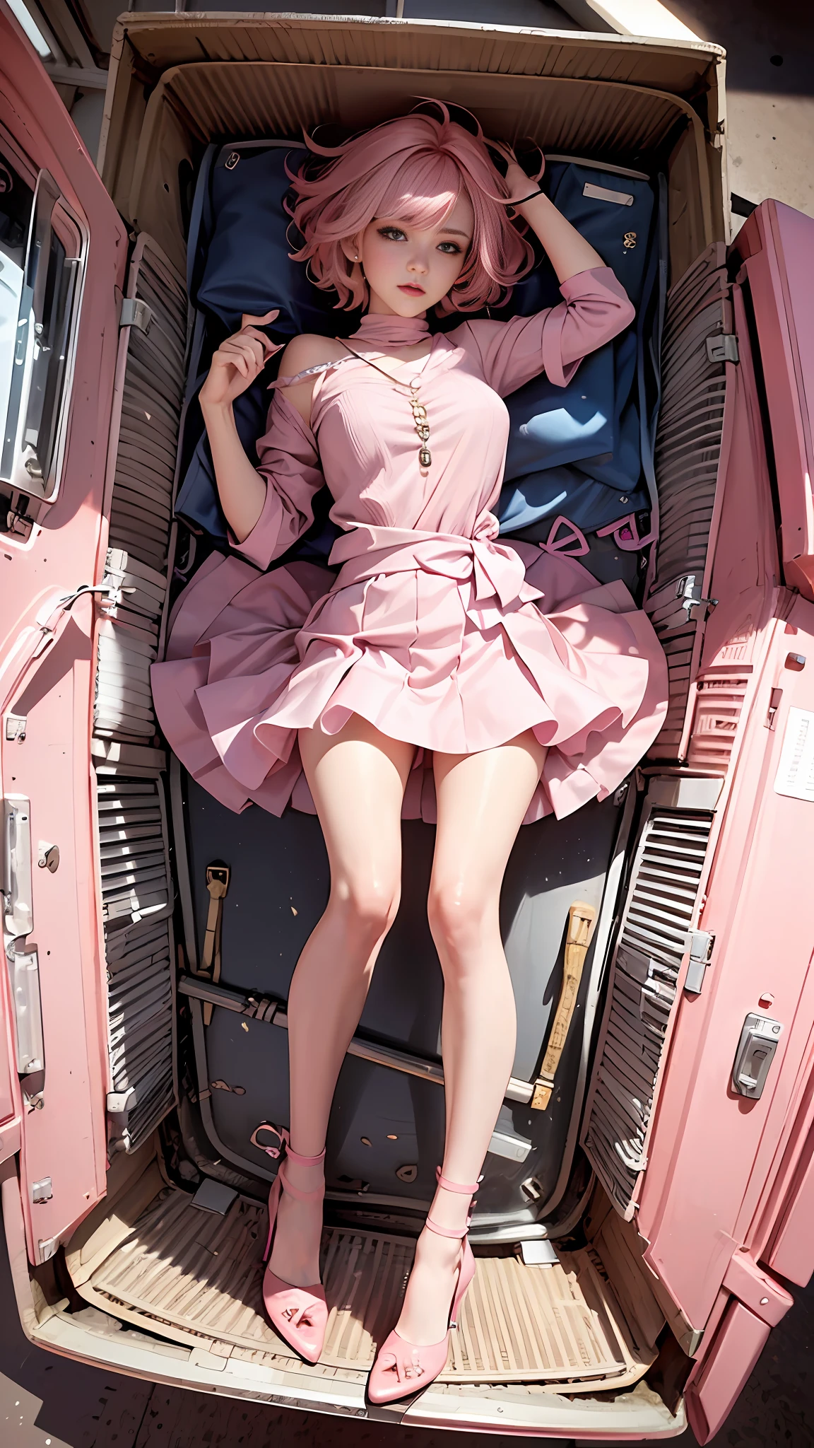 (A girl with short pink hair pink miniskirt curled up in the box: 1.5), (top-down view: 1.5), knees up, legs bent, full body, long legs, (masterpiece), (best quality), realistic, cinematic light, cool pose, perfect figure, high heels, pink sword in hand,