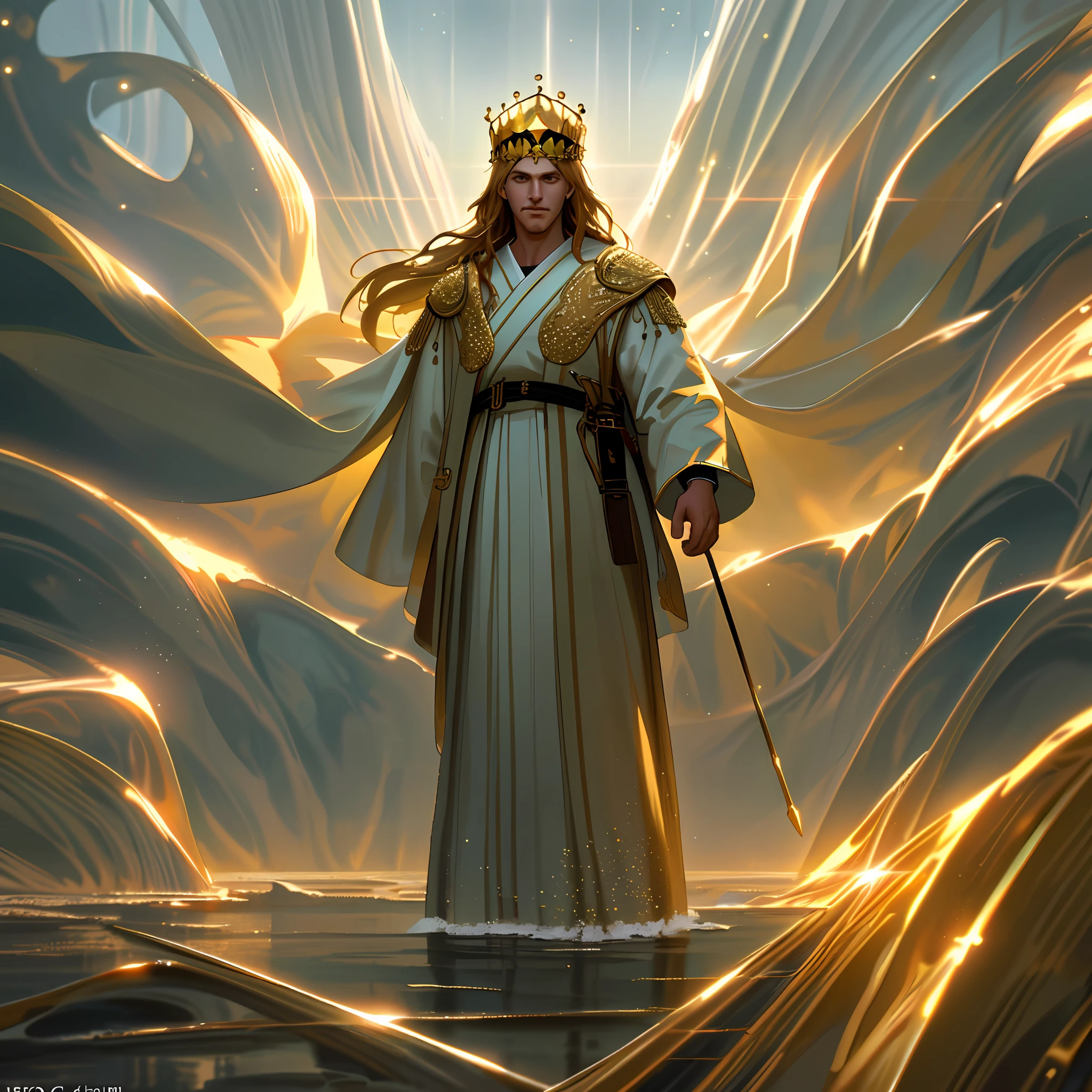 jesus 1:3, walking on water in the middle of a storm, ((Jesus wearing a golden crown)), camera view from the bottom up, masterpiece, best quality, high quality, 8k extremely detailed CG unit wallpaper, award-winning photography, Bokeh, Depth of Field, HDR, bloom, chromatic aberration, photorealistic, extremely detailed, trend in artstation, trend in CGsociety, intricate, high detail, dramatic, art in the middle of the journey, (( cinematic lighting))