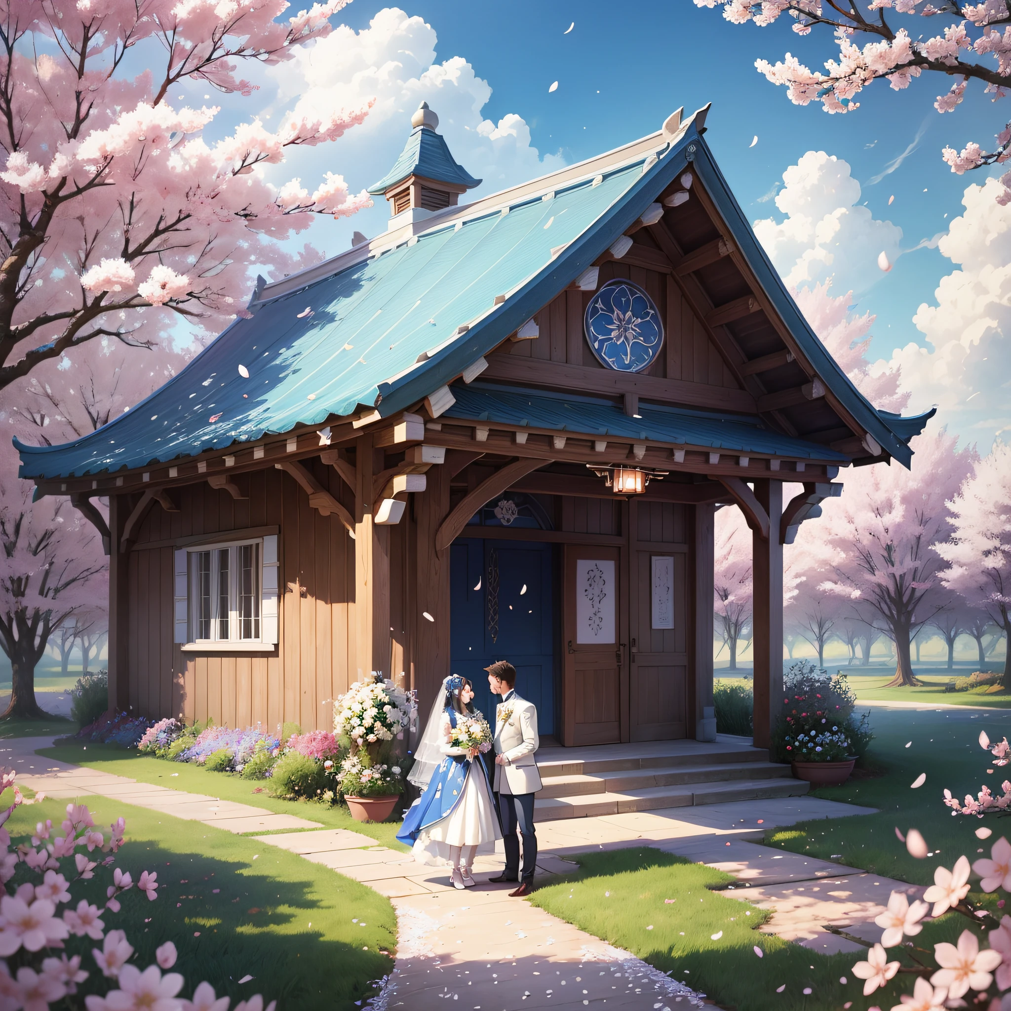 Blue sky and white clouds, men and women, wedding ceremony, cherry blossom petals scattered, grass, affectionate, cute, sacred, fairy tale. 00 --auto --s2