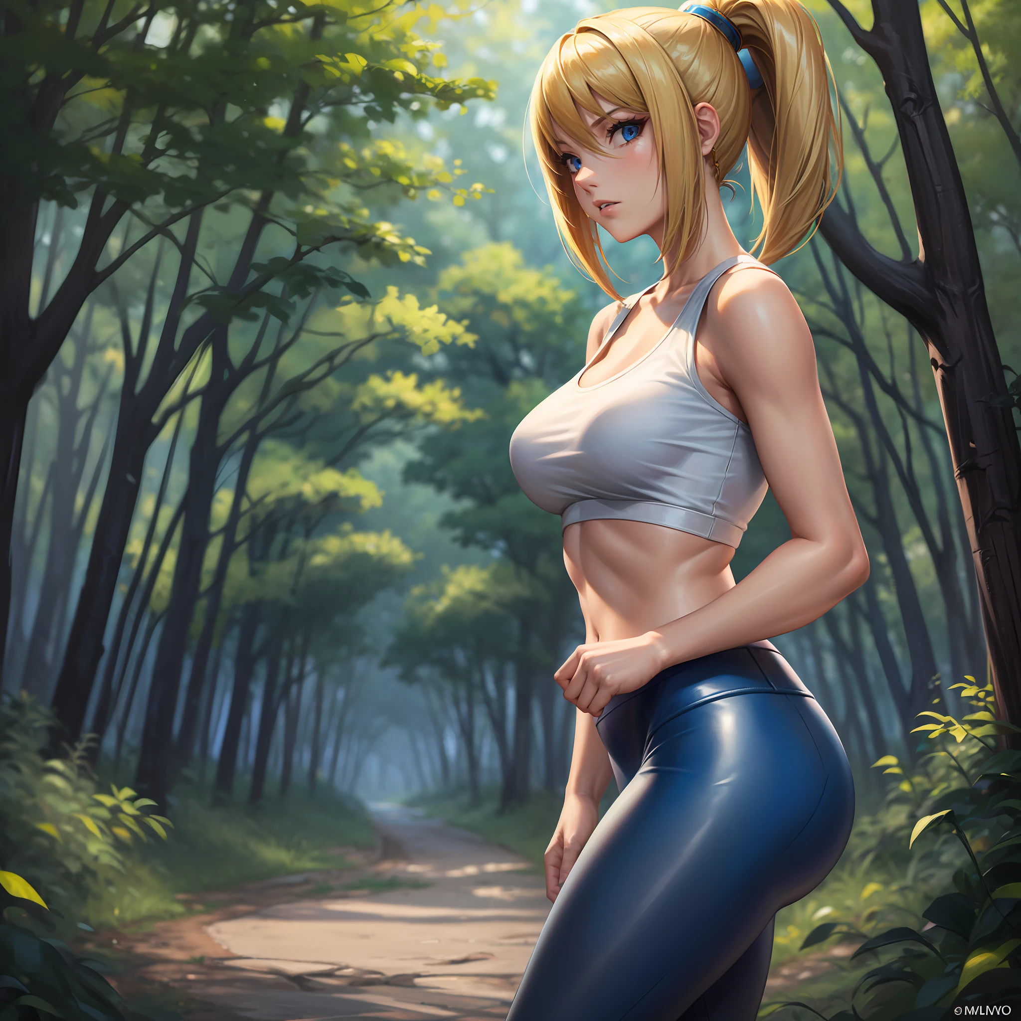 (masterpiece, best quality) 1.5, 1girl, solo, (sexy, beautiful woman, perfect face, perfect eyes) , samus aran, leather legging pants, tired, white t-shirt with neckline, white sneakers, walking in the forest, (blue eyes, blonde hair, ponytail) --auto --s2
