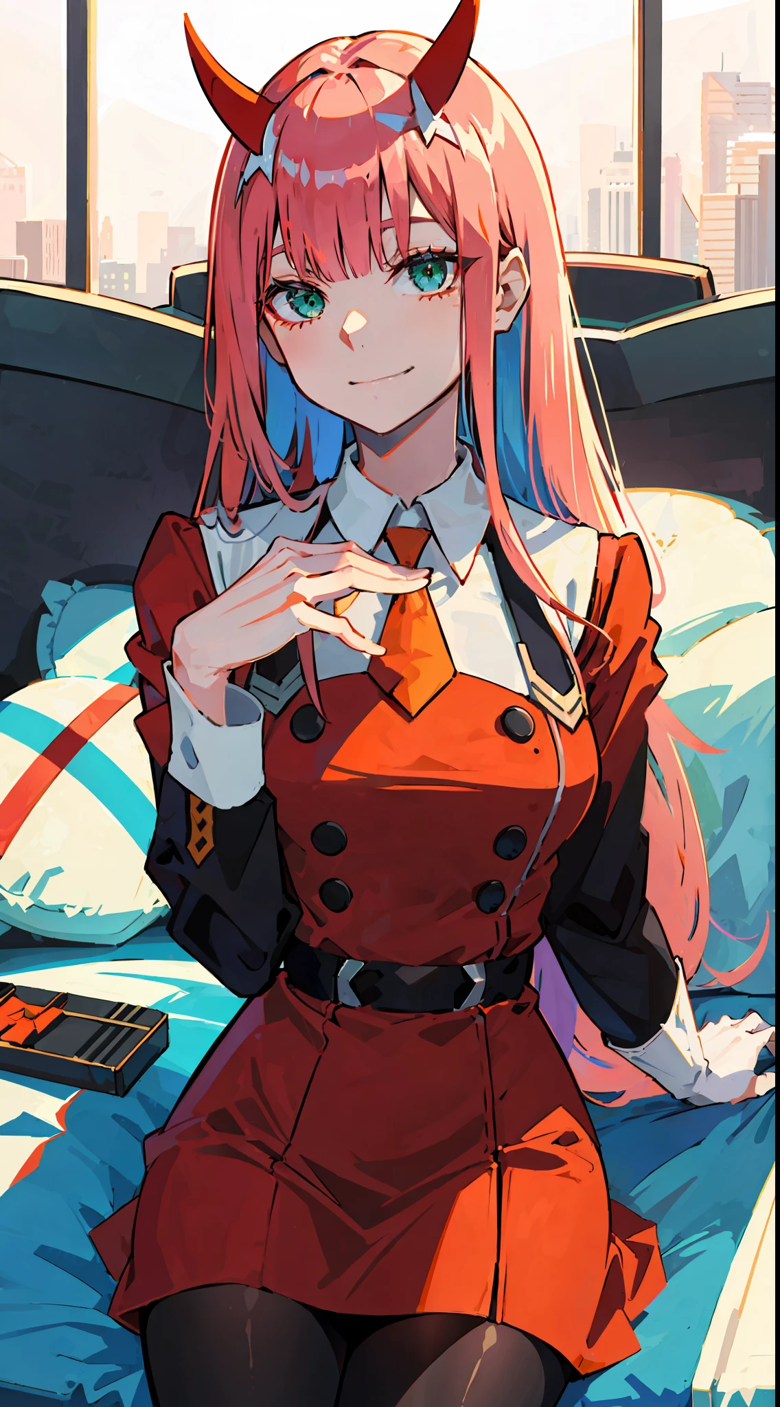 zero two \(darling in franxx\), darling in franxx, 1woman, smiling, sitting, bangs, biting, shadow, green eyes, hair behind head, horns, long hair, makeup, small breasts, red dress, orange tie, black buttons, belt, pantyhose, big thighs, pink hair, red eyeshadow, detailed background, bed, bedroom