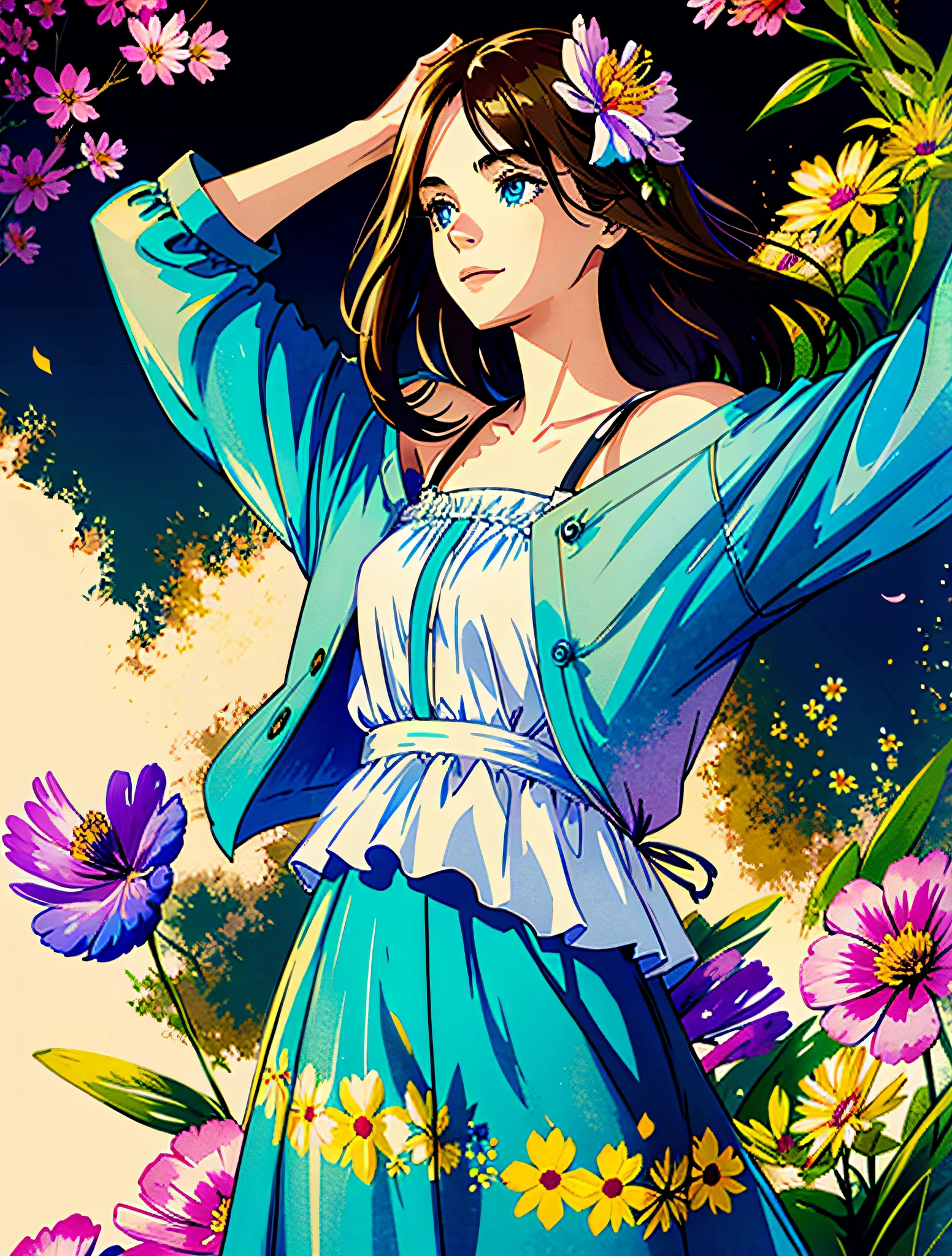 masterpiece, best quality, 1girl profile, (colorful),(finely detailed beautiful eyes and detailed face),cinematic lighting,bust shot,extremely detailed CG unity 8k wallpaper, solo,smile,intricate skirt,((flying petal)),(Flowery meadow) sky, cloudy_sky, building, moonlight, moon, night, (dark theme:1.3), light, fantasy,1girl with long brown hair sitting in a field of green plants and flowers with blue tunic , warm lighting, blurry foreground, Belldandy, blue_eyes, brown_hair, cute face,(facial_mark:1.3),