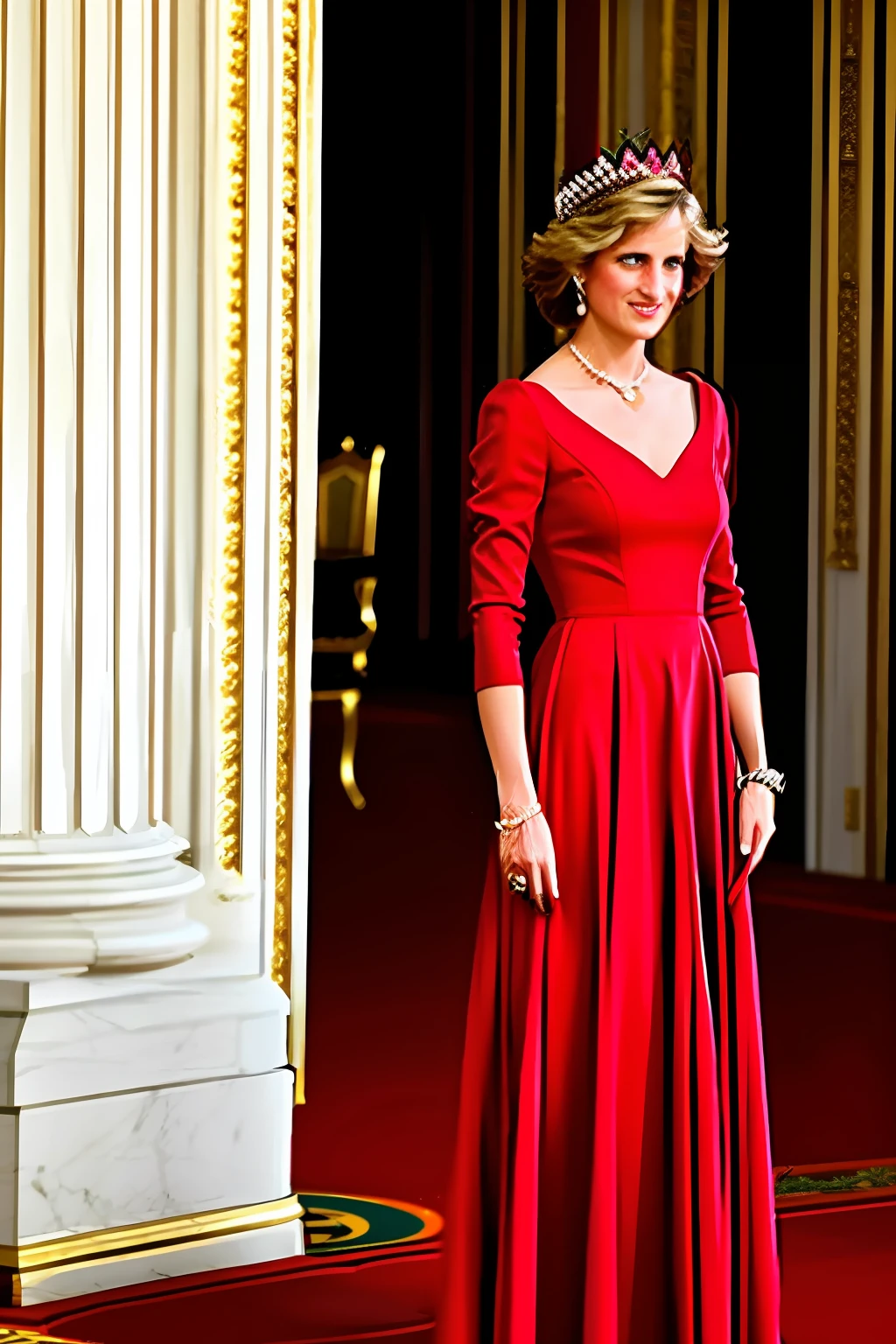 Princess Diana being crowned, in a red dress, in the palace, ultra realistic photo.