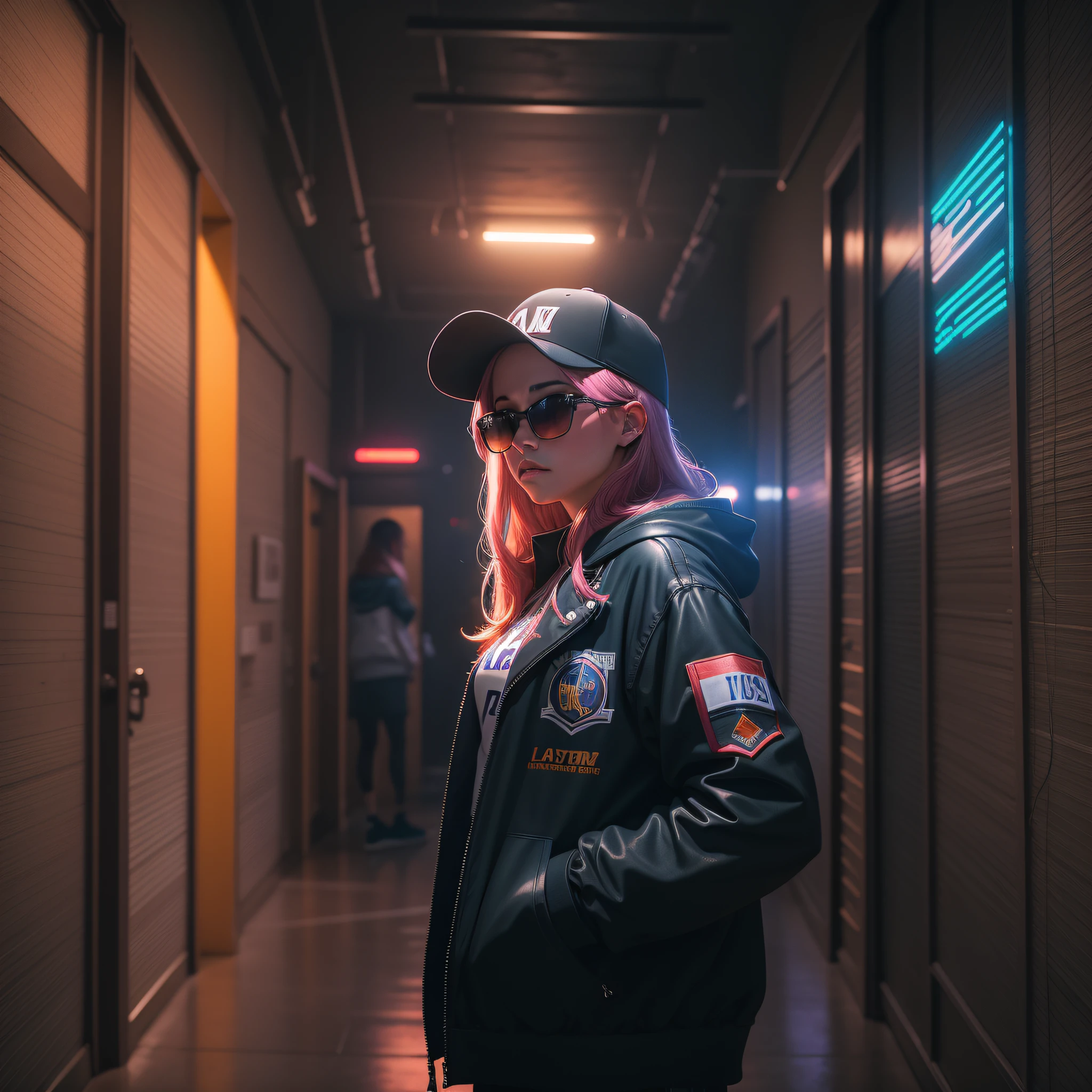 "Young woman, in a Basquet jacket in the colors of the Lakers, cap and sunglasses, standing at a deserted nightclub. The environment is dark, with lighting that highlights the shadows. The scene conveys an intense sense of loneliness and isolation. Music equipment and distant lights are obscured by the night, producing trails of colorful and vibrant lights in the background. The camera is positioned at a dynamic angle, as if it were a film shot, giving a sense of action and suspense."
