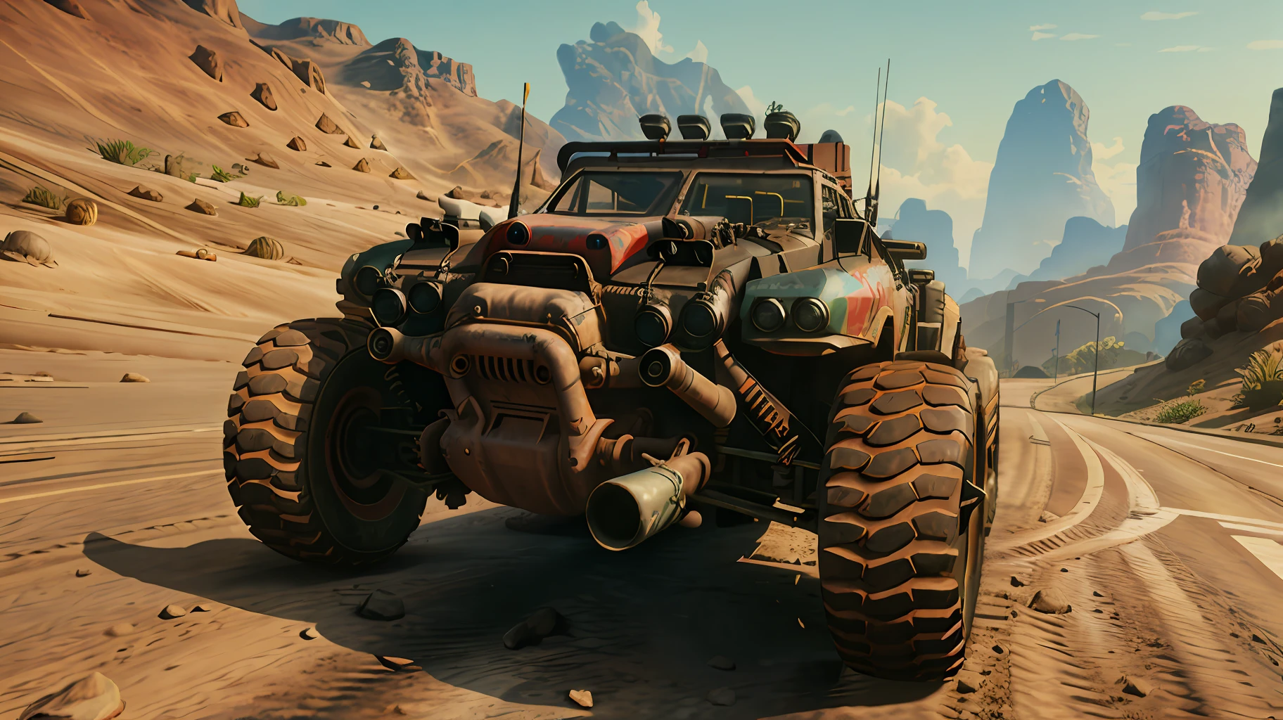 rage2vehicle_v2, front view,fast driving vehicle on the road, large engine and exhaust pipe, machine gun
