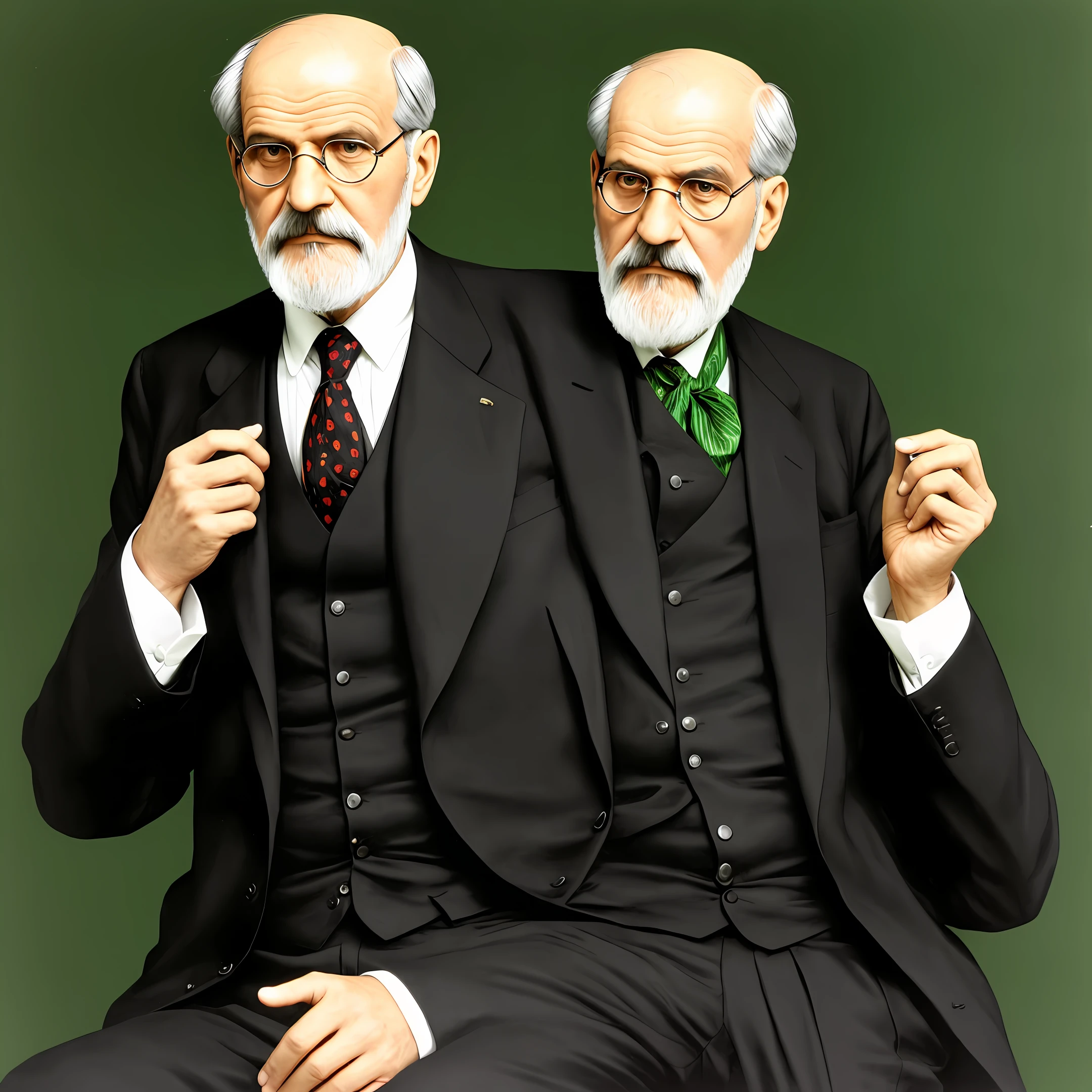 (Sigmund Freud) 65-year-old man, black suit with green details, face black beard,