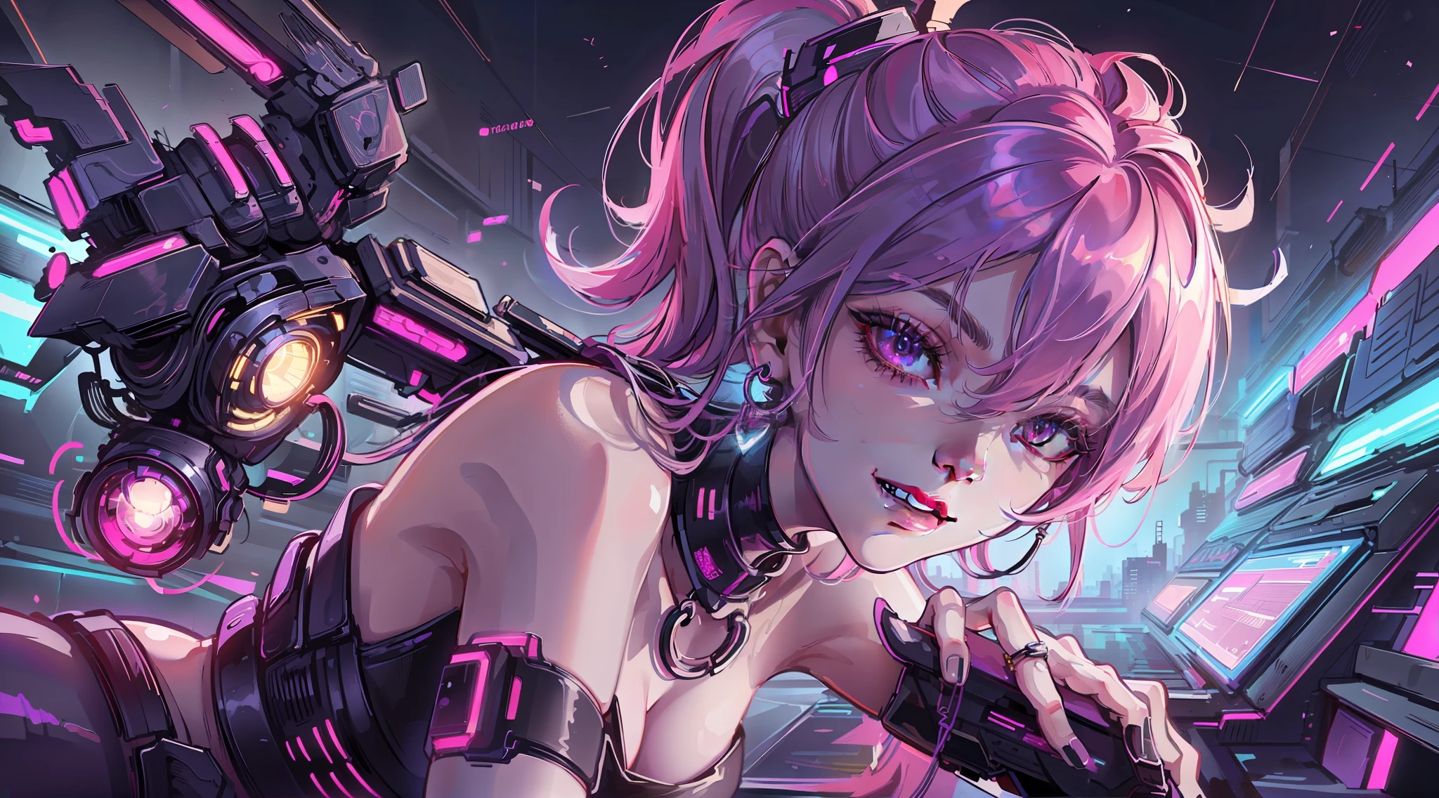 cyberpunk, electric girl, plasma, electric human, vampire, sleeveless, bare top, sexy pose, sexy look, lilac hair, hell, night, night bill, robot gnack, skull earrings, bare top, smile, bad smile, bat wings, solo, viewer's gaze, flying in the sky, (masterpiece, top quality, best quality, official art, beautiful and aesthetic: 1.2) Viewer, Viewer, Detail, Complex Detail, 4K, Ultra High Definition, Solo Focus, Smooth Animation CG Art, Movie Lighting, Cinematic