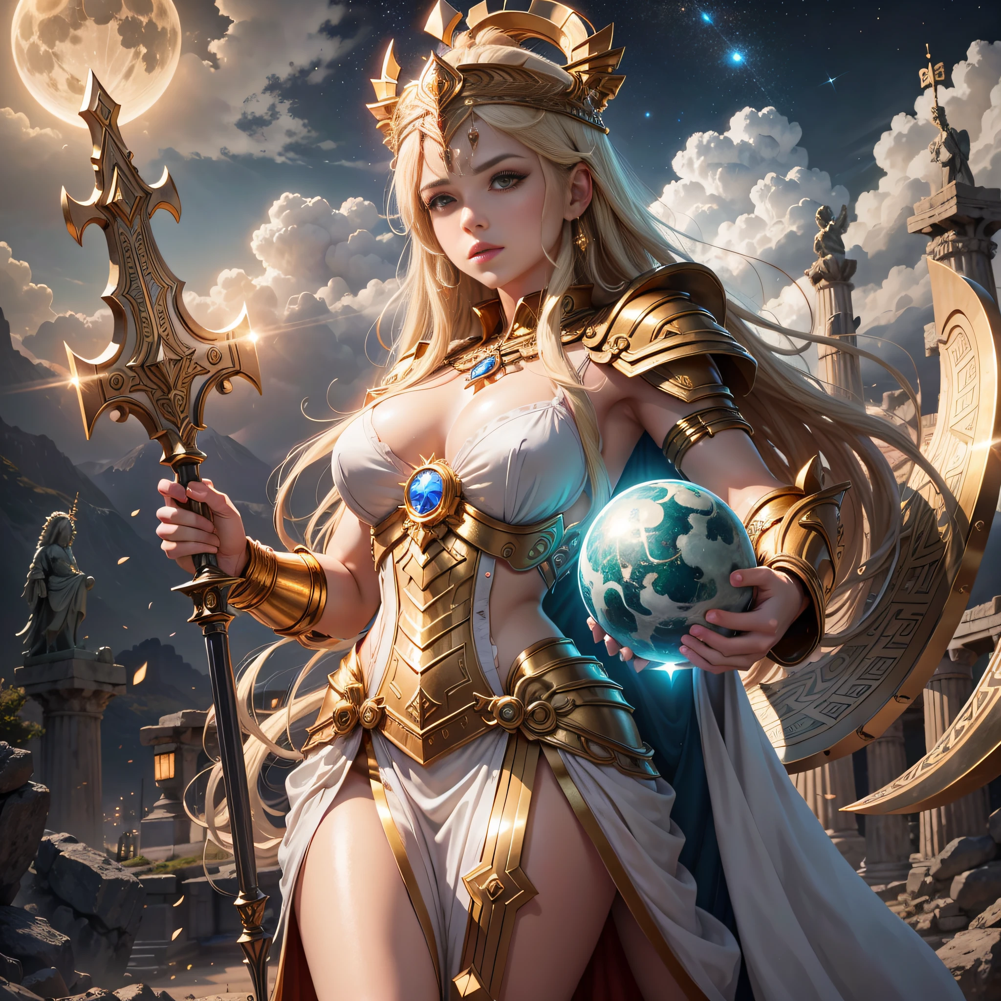 masterpiece, best quality, (extremely detailed unity 8k CG wallpaper), (best quality), (best illustration), (best shadow), absurdities, realistic lighting, night, darkness, giant, Goddess, Ancient Goddess, Athena, deity, blonde, golden armor, golden sword and shield, glorious pose, night, moon, gold details, holding a planet, beautiful detailed glow, background luminous background, background ancient Greece