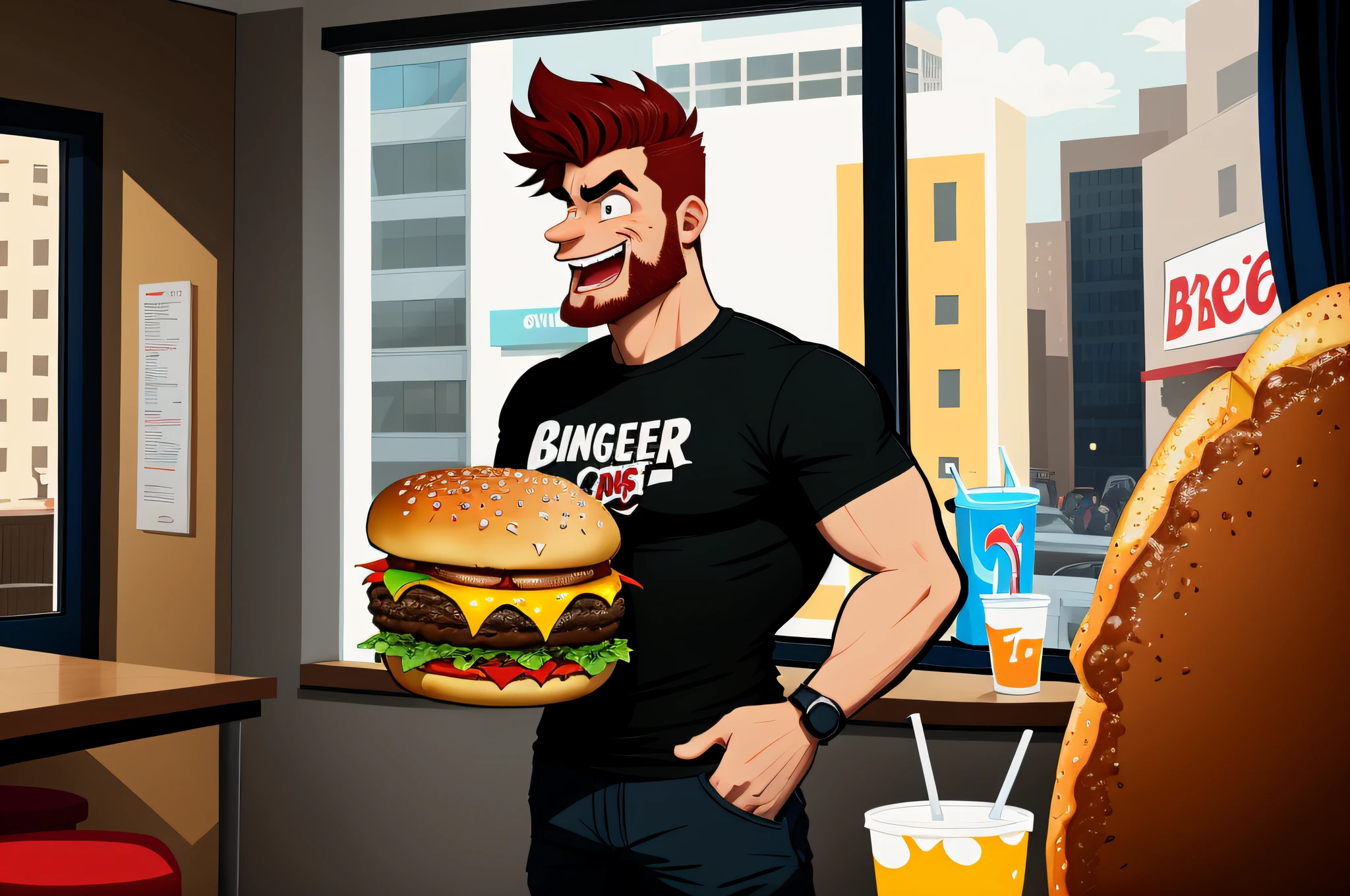 Cartoon of a man with an open mouth and holding a very giant burger, bigger than his face, and a soda, in the background inside an establishment near a window.