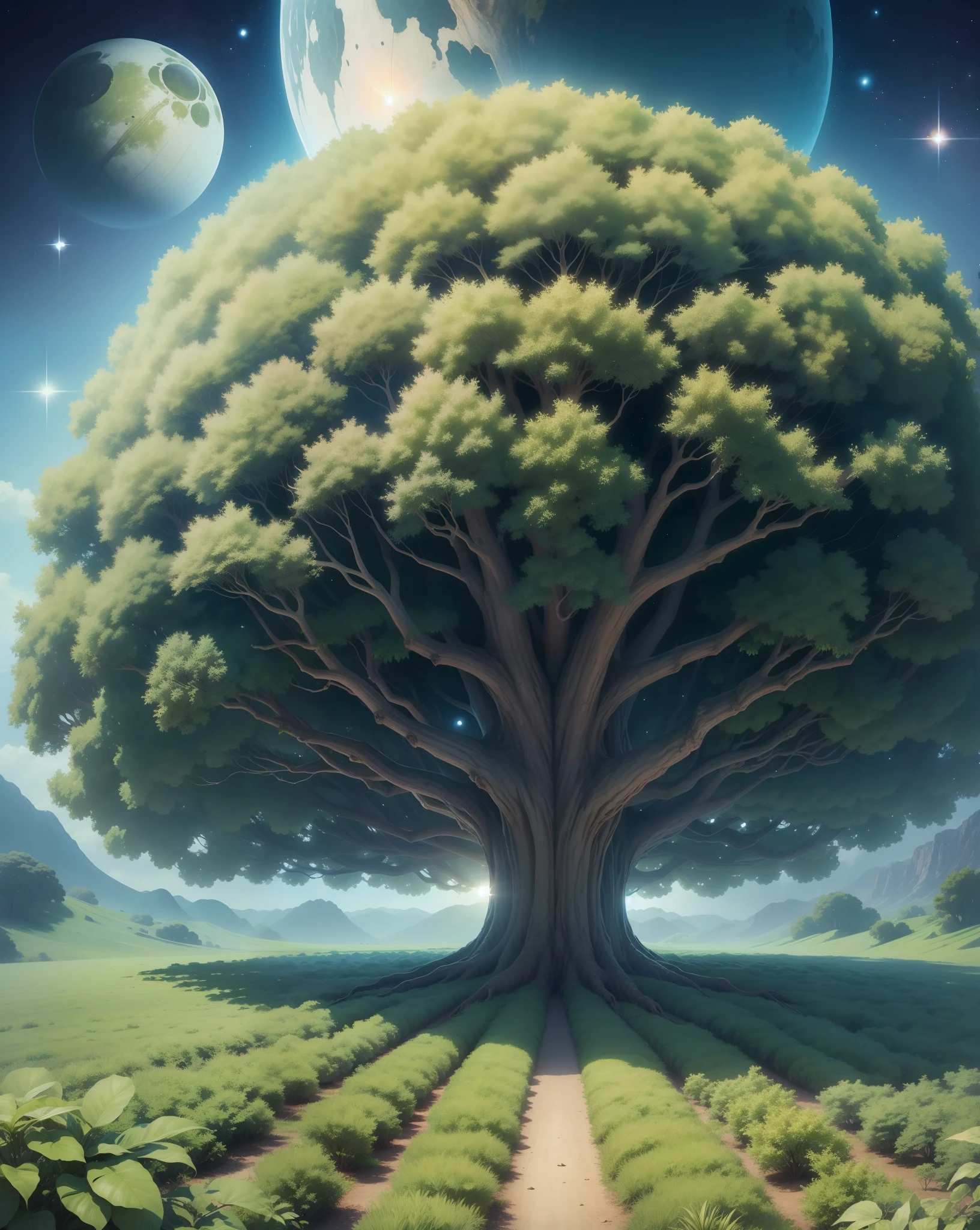 leafy tree, huge, ancient, very large, tall, with many leaves the sky far away with large planets, magical atmosphere