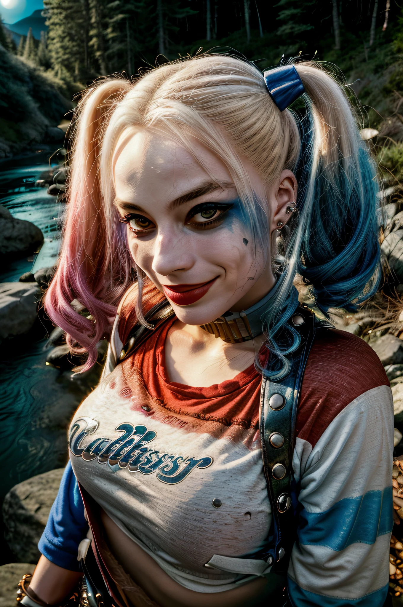 1girl, harleyquinn, twintails, multicolored hair, ((upper body selfie, happy)), masterpiece, best quality, ultra-detailed, solo, outdoors, (night), mountains, nature, (stars, moon) cheerful, happy, mountain boots, gloves, flashlight, forest, rocks, river, wood, smoke, shadows, contrast, clear sky, analog style, (look at viewer:1.2), (skin texture), (film grain:1.3), (warm hue, warm tone :1.2), close up, cinematic light, sidelighting, ultra high res, best shadow, RAW, upper body, wearing pullover