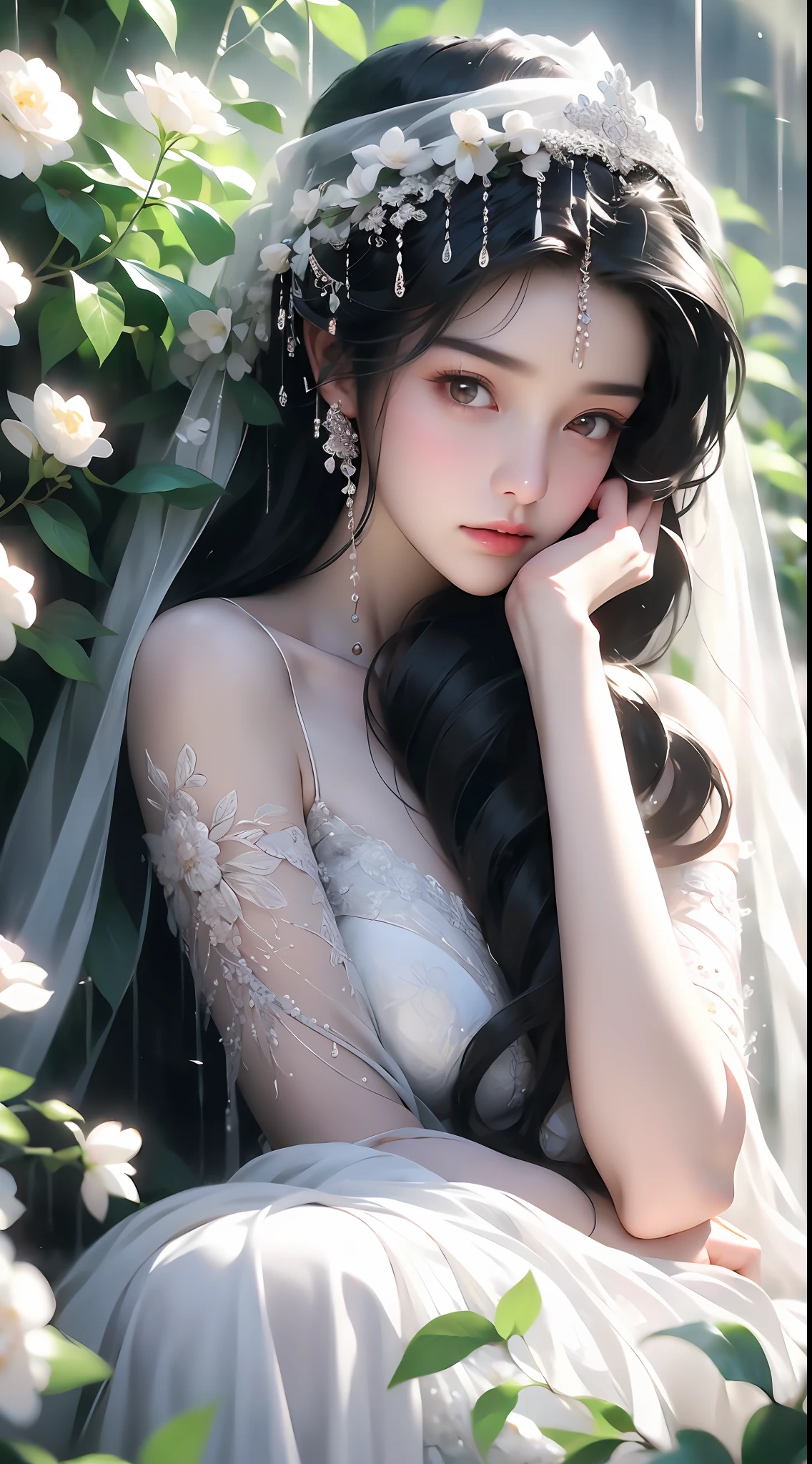 1 girl, full body photo, black hair, flowing hair, hazy beauty, extremely beautiful facial features, white embroidered dress, hairpins on her head, lying in a flower bush, hand dragging chin, perfect hand, white flower, (spring, rainy day, terraces, mountains), simple vector art, contemporary Chinese art, soft light, entangled scarf, overlook