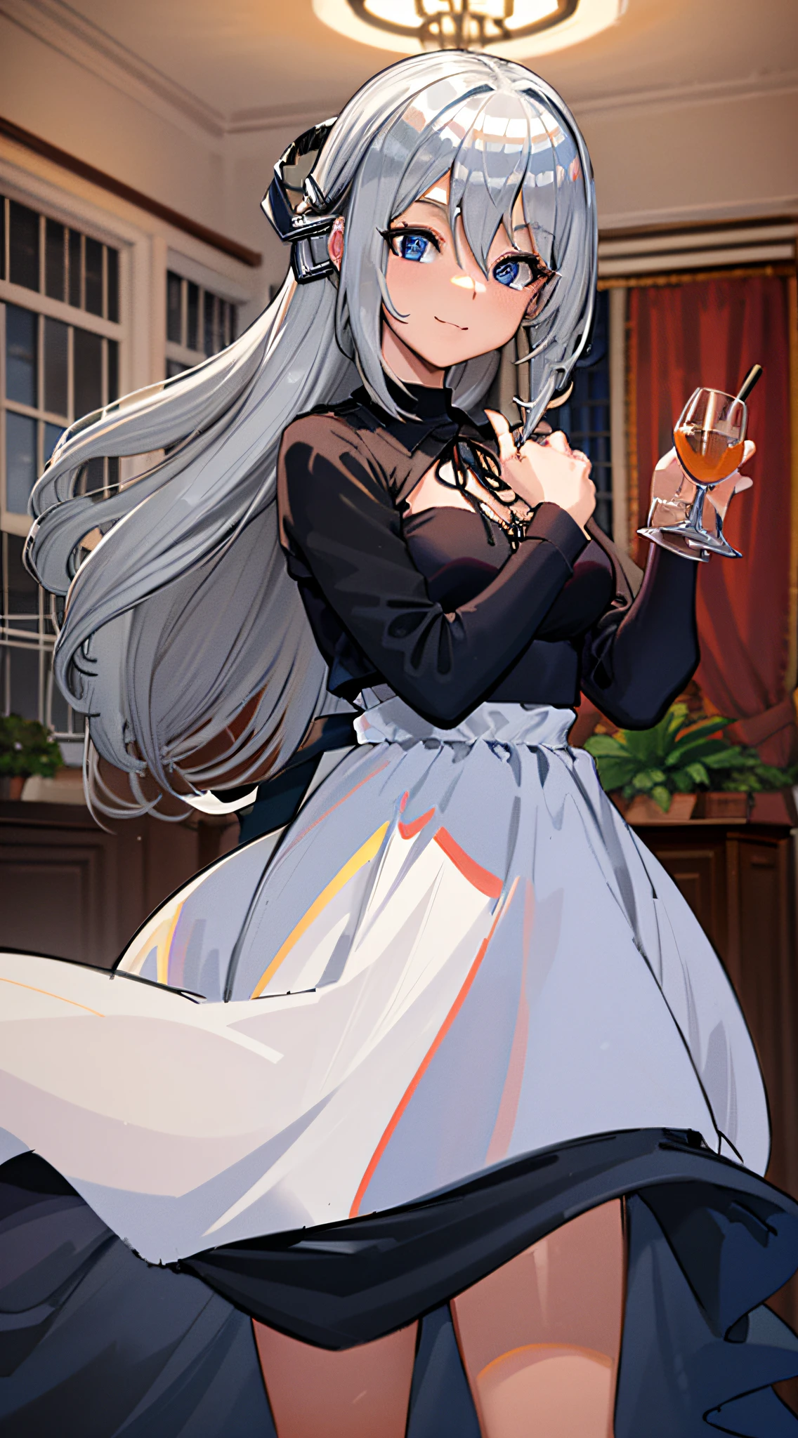 (masterpiece), (best quality), highres, kei1, 1girl, solo, blue eyes, long hair, (wears a white Venezuelan dress), ribbon, bangs, collarbone, (gray hair), black hair band, neck ribbon, hair between eyes, medium breasts, cowboy shot, smile, (anatomically correct full body), this inside a Venezuelan house, detailed full escenario