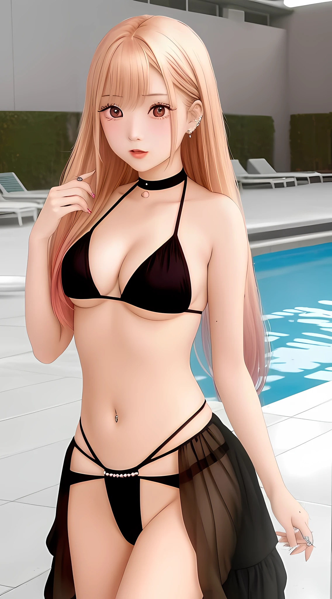 Marin Kitagawa is a thin girl of above average height, with dark pink contact lenses in her eyes and fair skin. Your body tends to be thinner with a small waist. She has silky blonde hair, with pinkish-red or citrus orange tips, running down around her pelvic region. Her bangs cover most of her forehead and eyebrows, reaching to the beginning of her eyelashes. Two locks of hair also flow over her shoulders and end in Marin's chest area. Their hairstyles include long, straight hair, their hair goes from pure blonde at the top and progressively turns pinkish-red or citrus orange towards the tips. She wears ear piercings that include one ring piercing, three pearl piercings, she wears microbikini in the pool.