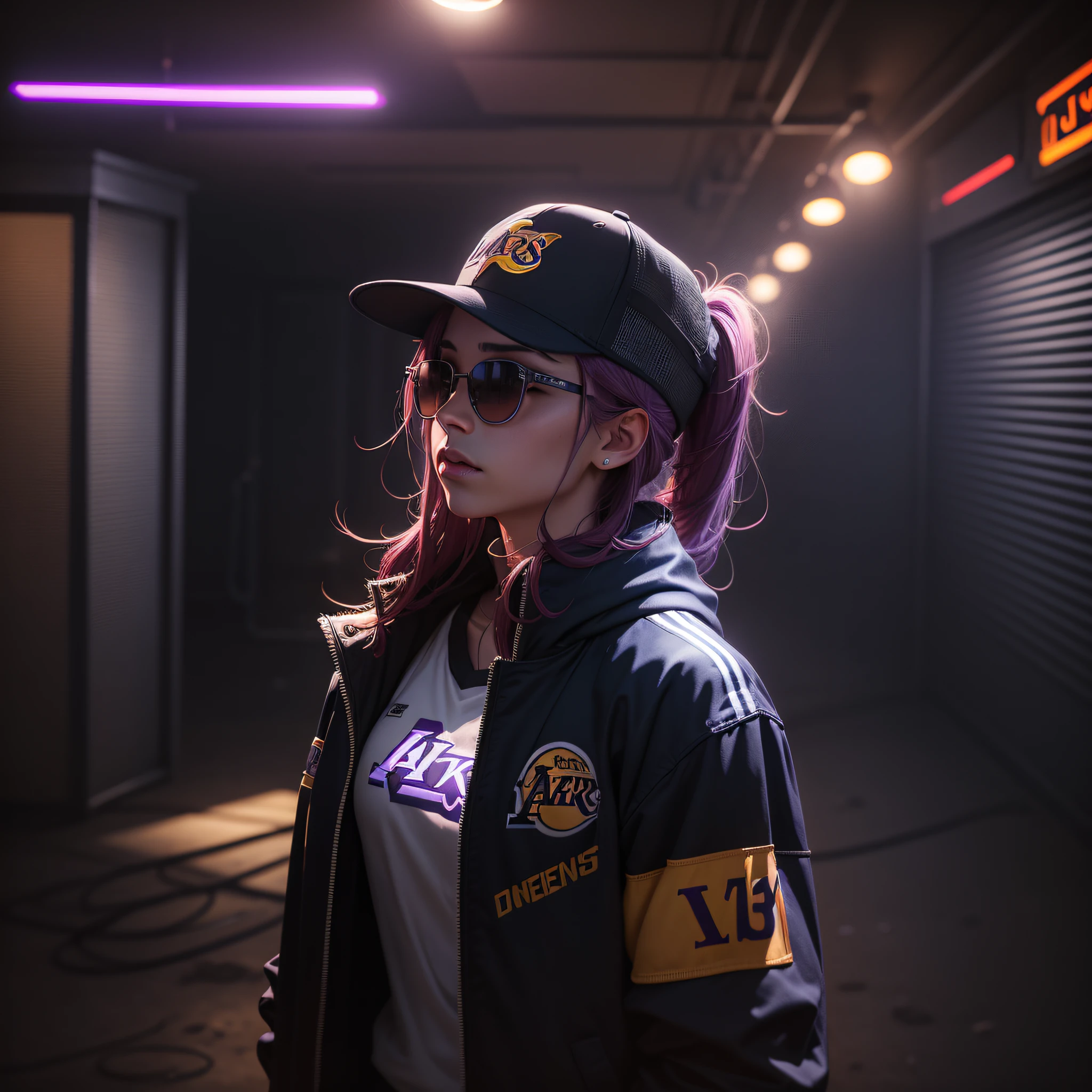 "Young woman, in a Basquet jacket in the colors of the Lakers, cap and sunglasses, standing at a deserted nightclub. The environment is dark, with lighting that highlights the shadows. The scene conveys an intense sense of loneliness and isolation. Music equipment and distant lights are obscured by the night, producing trails of colorful and vibrant lights in the background. The camera is positioned at a dynamic angle, as if it were a film shot, giving a sense of action and suspense."