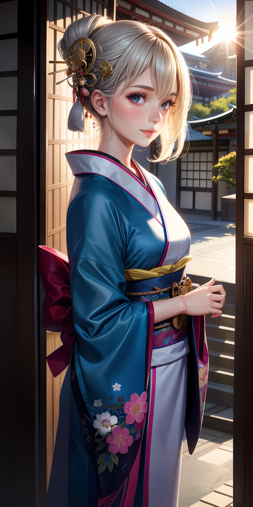 realistic, 1girl, makeup, Nordic girl, parted lips, blush, (Kimono), light smile, Japanese architecture, sun, sunlight, reflection, hair ornament,