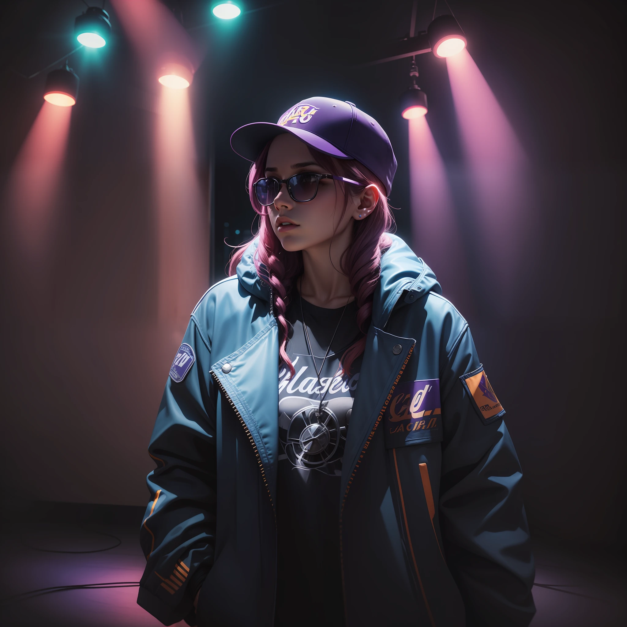 "Young woman, in a Basquet jacket in the colors of the Lakers, cap and sunglasses, standing at a deserted nightclub. The environment is dark, with lighting that highlights the shadows. The scene conveys an intense sense of loneliness and isolation. Music equipment and distant lights are obscured by the night, producing trails of colorful and vibrant lights in the background. The camera is positioned at a dynamic angle, as if it were a film shot, giving a sense of action and suspense."