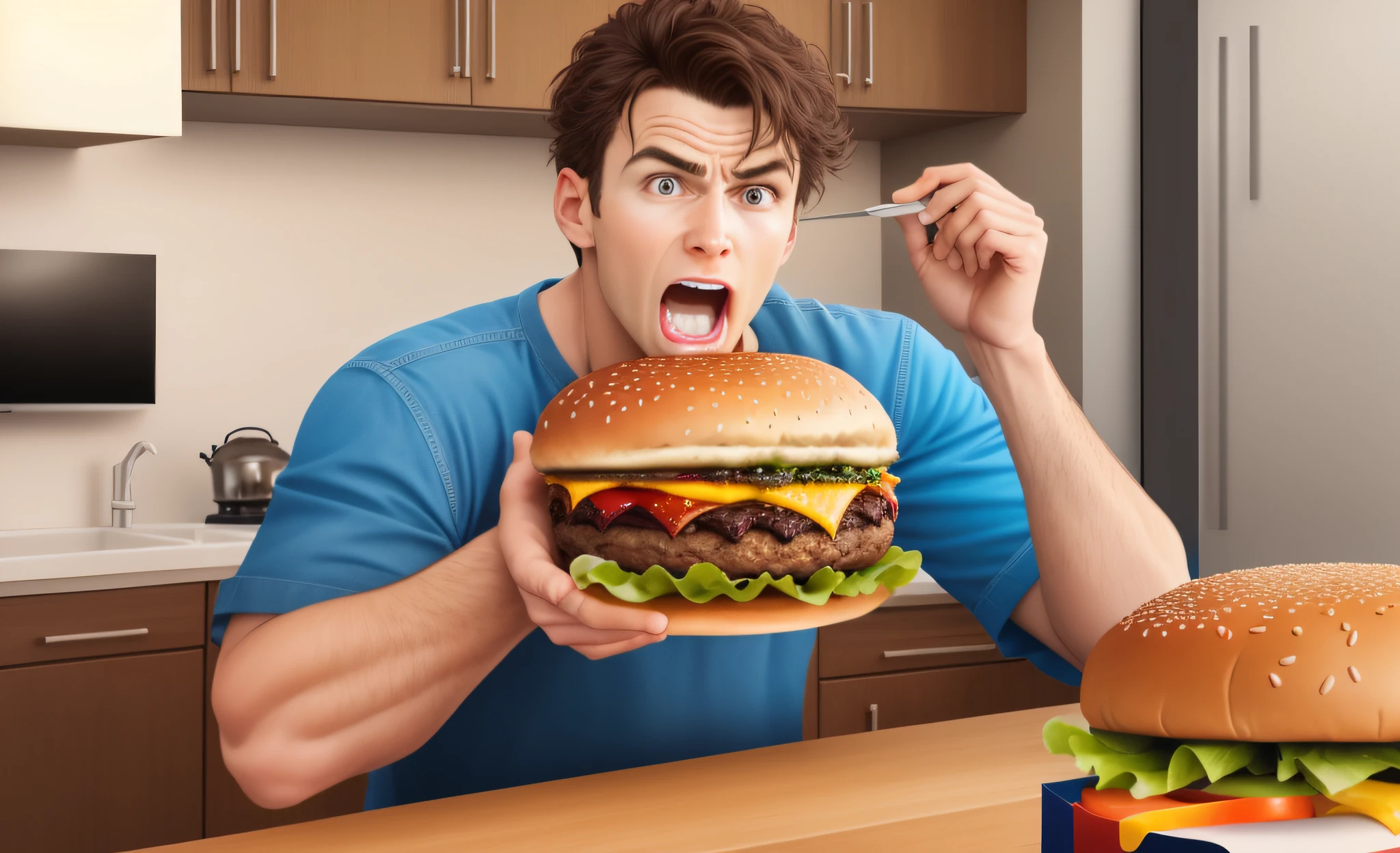 giant burger on top of a kitchen countertop, super realistic food image, just a stunned open-mouthed man, hyper-real rendering, a hyper-realistic illustration.