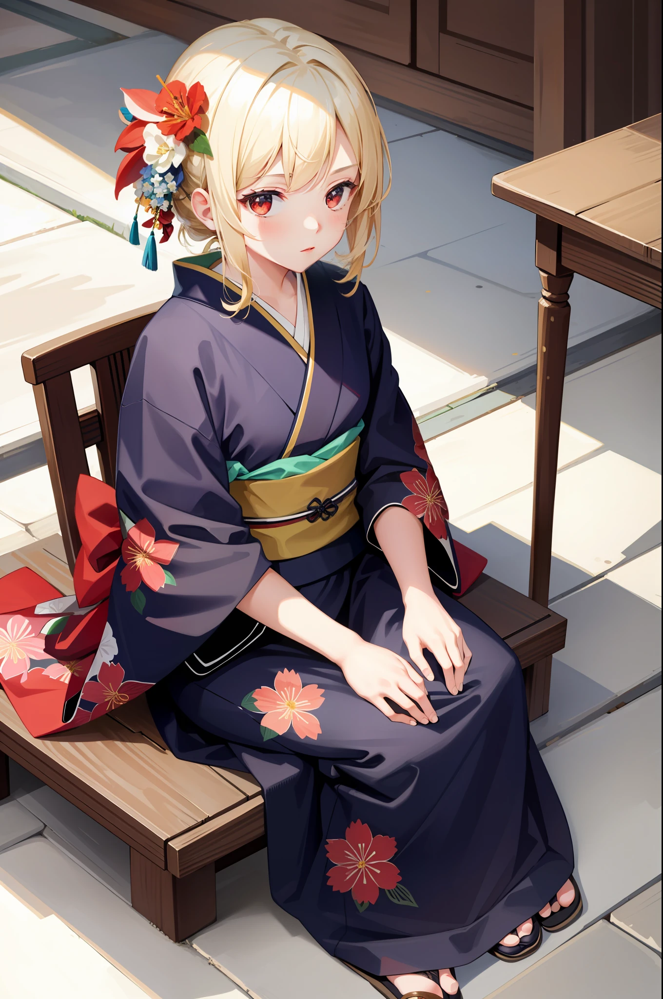 masterpiece, best quality, one girl, solo, kimono, hair flowers, floral, , sitting, hands on their knees, blonde, red eyes