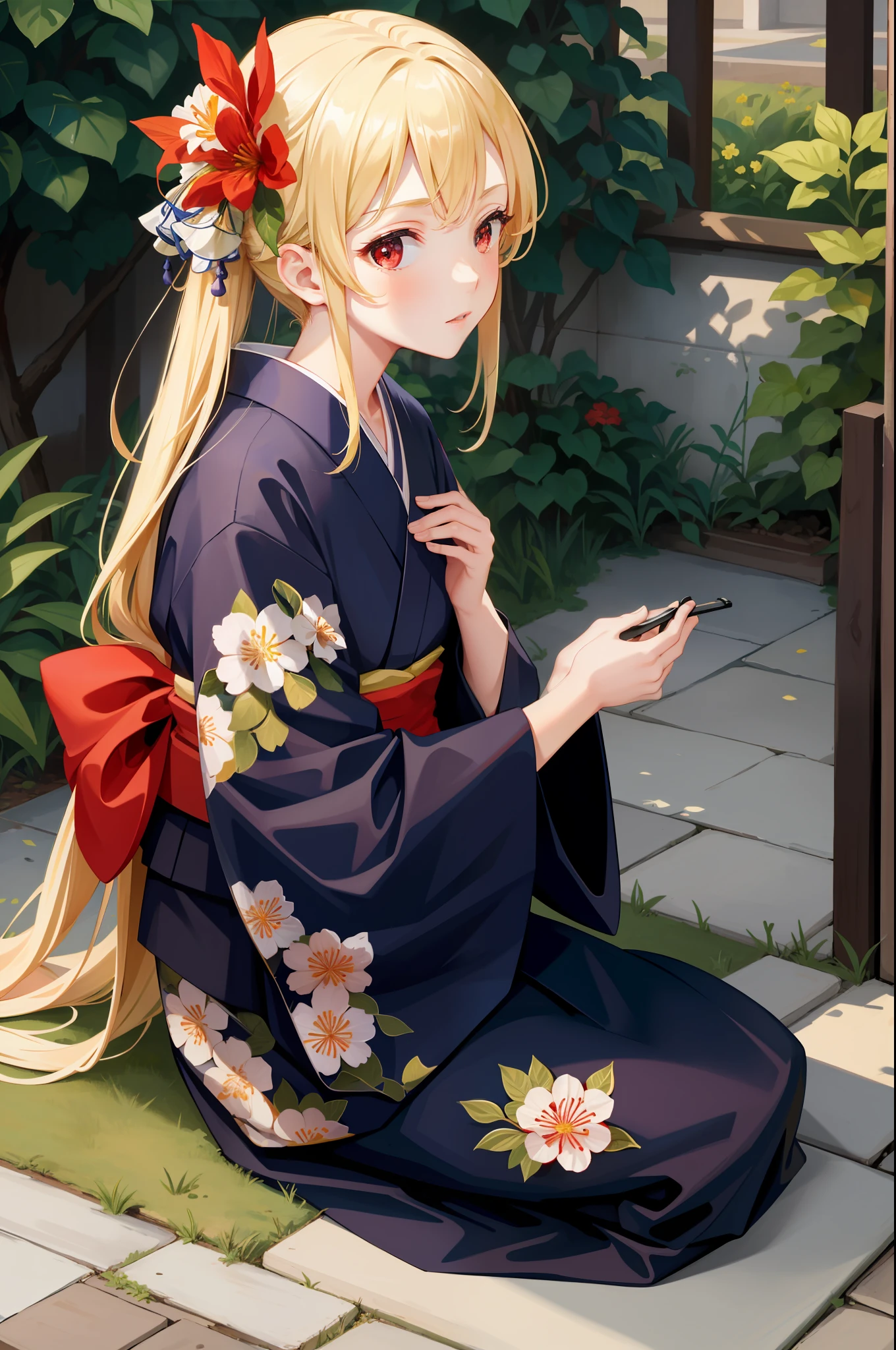 masterpiece, best quality, one girl, solo, kimono, hair flowers, floral, , sitting, hands on their knees, blonde, red eyes