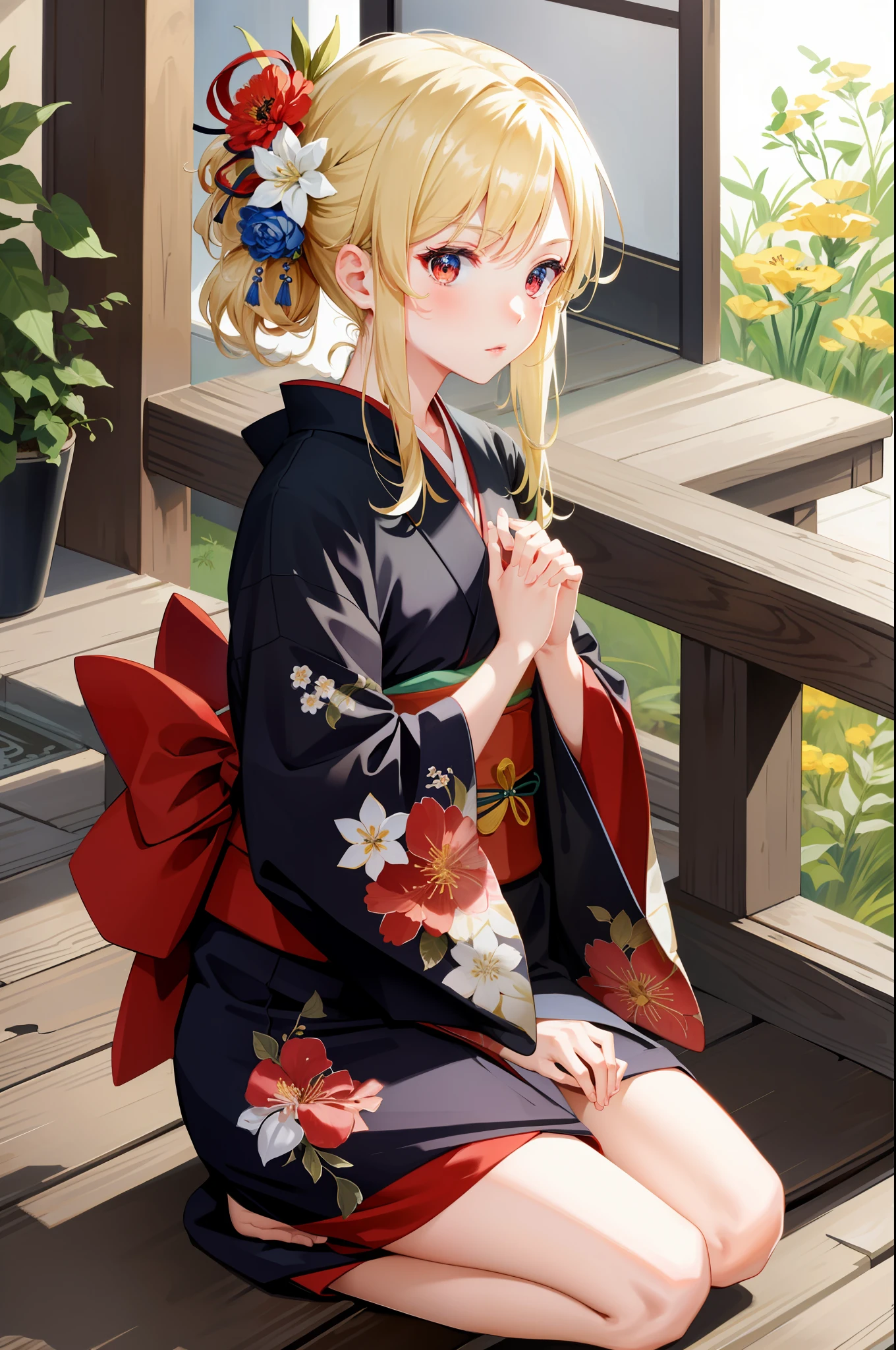 masterpiece, best quality, one girl, solo, kimono, hair flowers, floral, , sitting, hands on their knees, blonde, red eyes