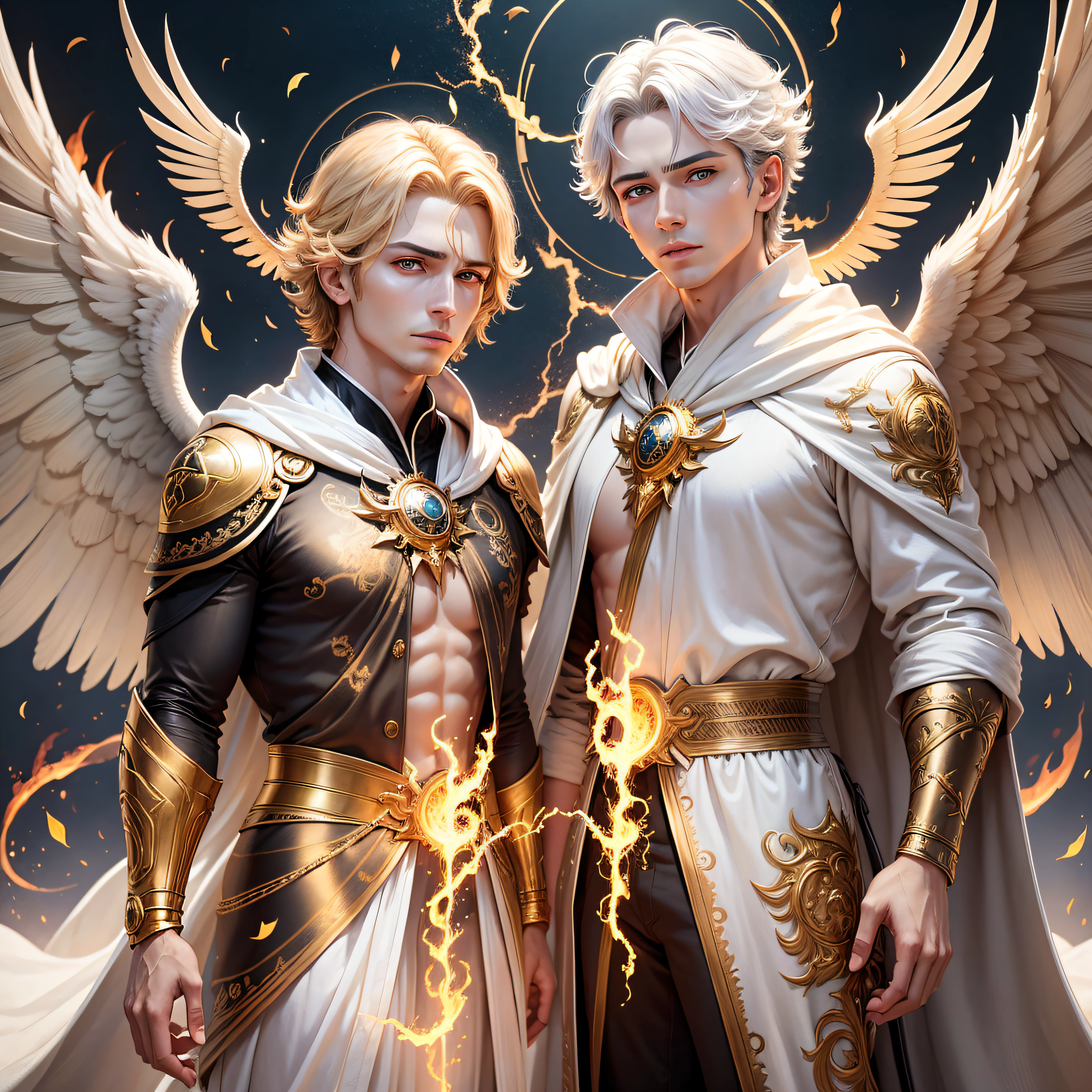 two angels male standing ,bright florecente golden eyes,highlight in eyes,fire wings,realism,realistic detailed utra skin,8k,real skin,highlighted eyes,masculid face,serious face,body with white robes --auto --s2