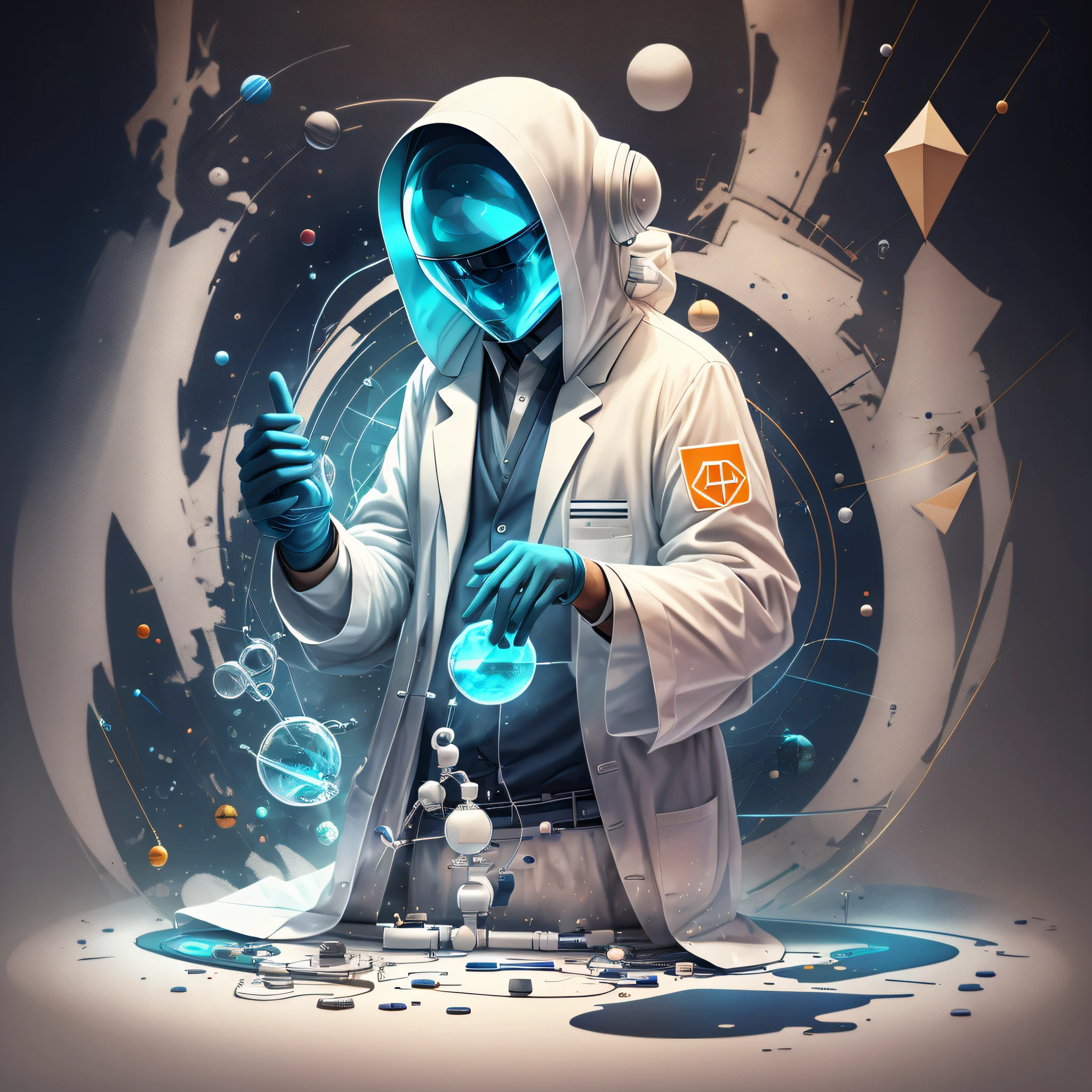 Create a logo for the "Beyond the Lab Coat" channel that features a combination of a traditional lab coat on an extraterrestrial with abstract scientific items