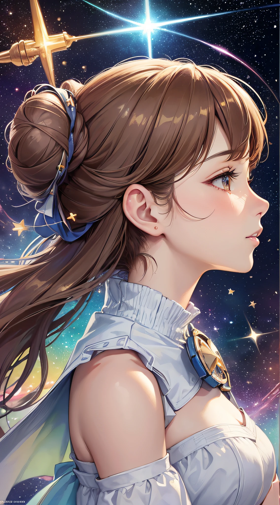(masterpiece, top quality, best quality, watercolor (medium), official art, beautiful and aesthetic: 1.2), (1 Read Organa Star Wars, : 1.3), (fractal art: 1.3), upper body, profile, patterns, (Read Organa, brown hair, two side buns, white dress, anime character, Star Wars 1.2),water,liquid,cloud,colorful,starry,stars, magical aura --auto --s2