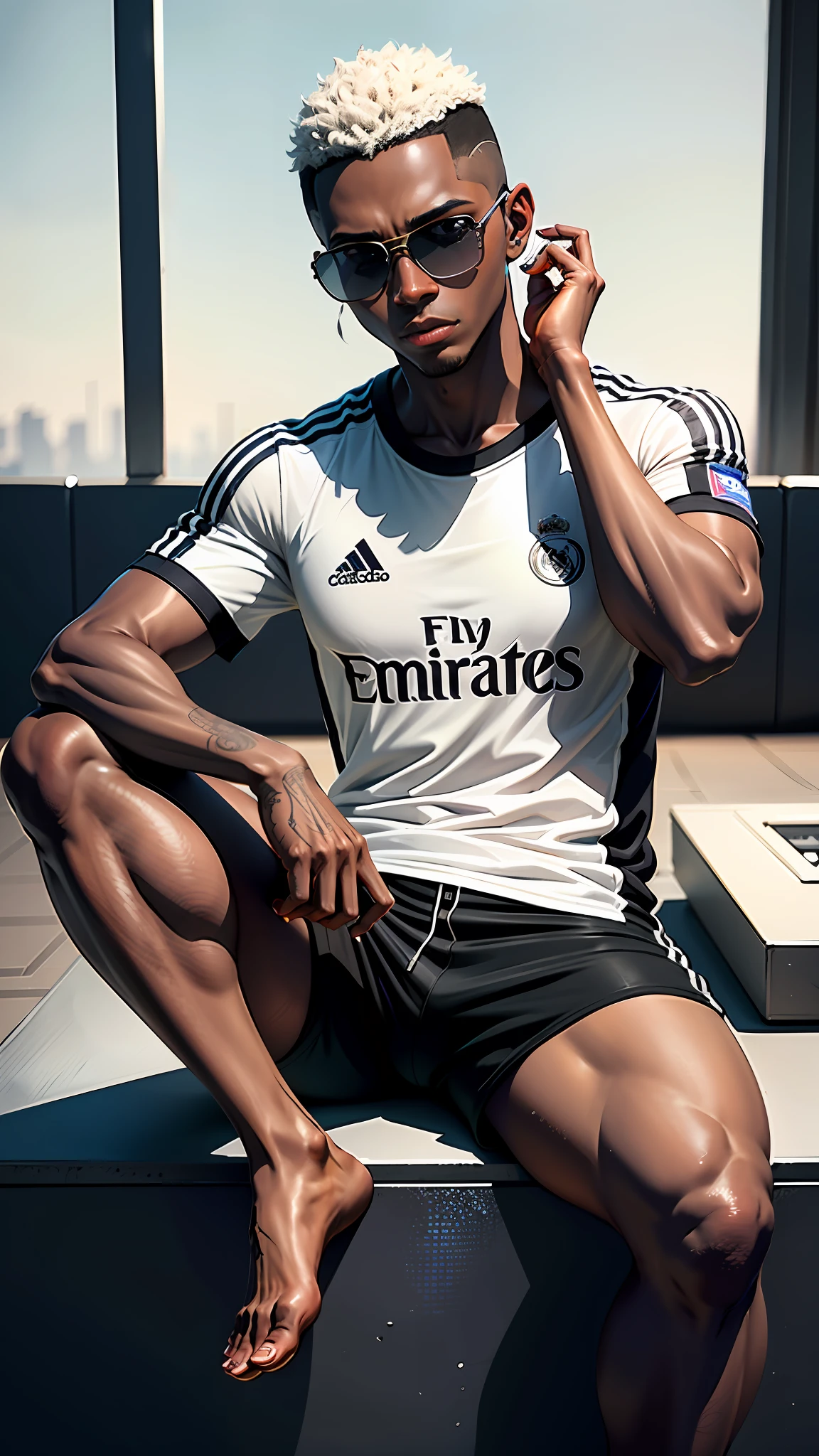 male,22 years old,dark skin,Real Madrid 23/24 shirt,black shorts,sunglasses,shaved hair,detailed art,8k