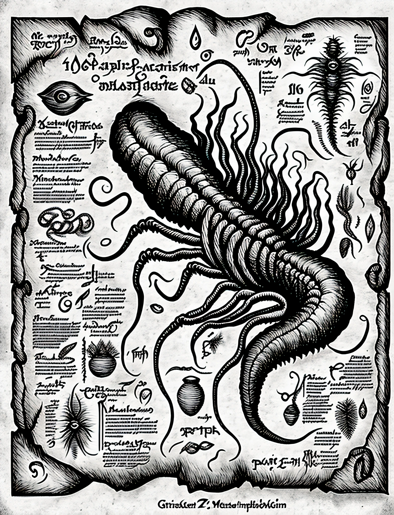 (PLAIN WHITE BACKGROUND), detailed illustration,closeup (parasite), blueprint, necronomicon, monochrome