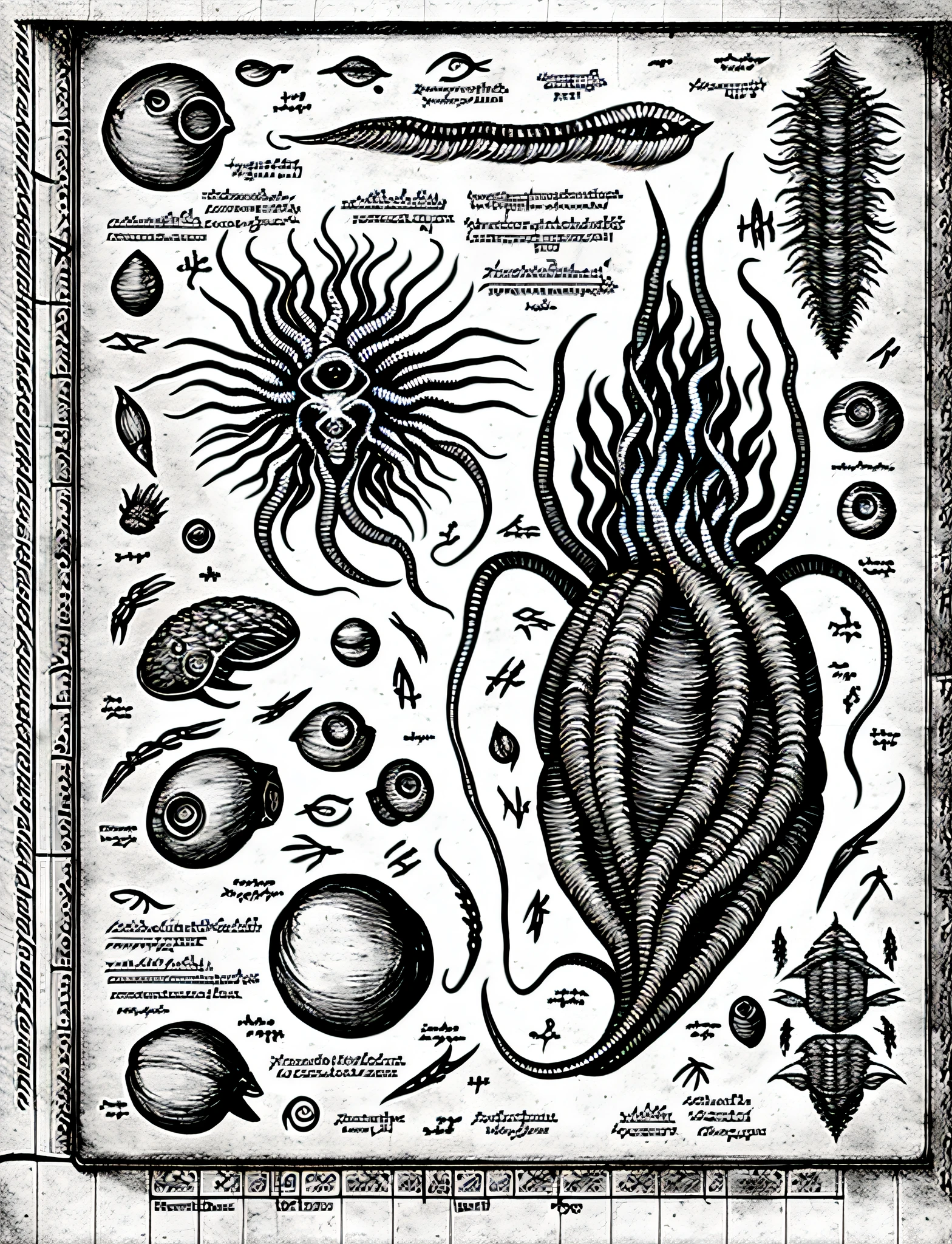 (PLAIN WHITE BACKGROUND), detailed illustration,closeup (parasite), blueprint, necronomicon, monochrome