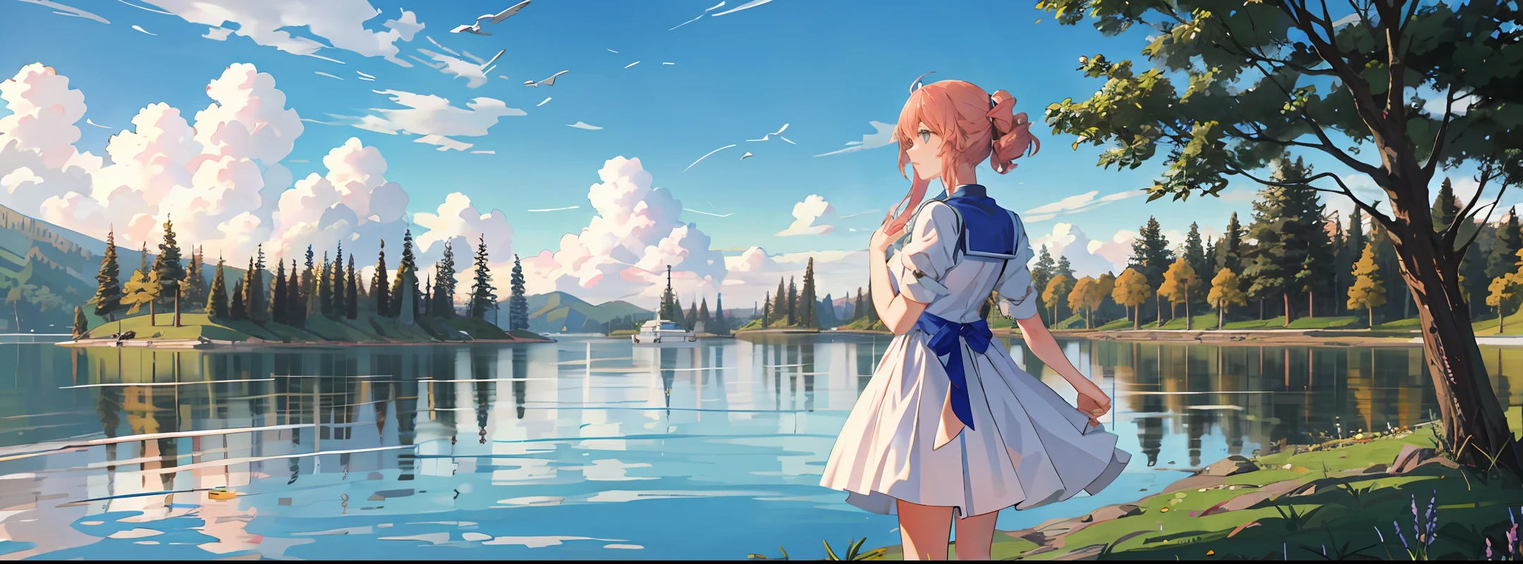 Gundam, lake, nature,girl