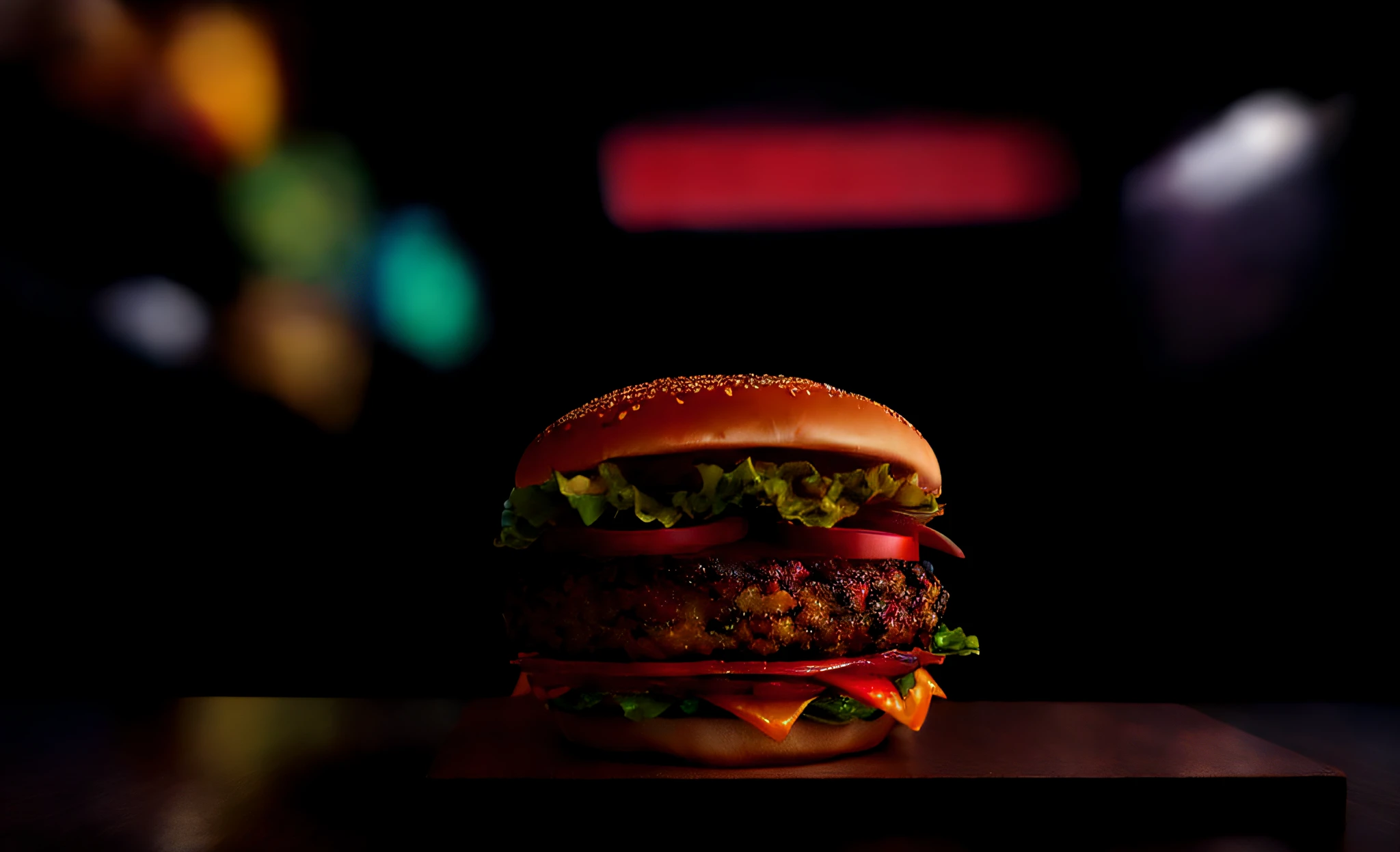 giant burger on a table, super realistic food image, an amazed open-mouthed man, hyper realistic nonsense, hyper real rendering, a hyper realistic illustration.